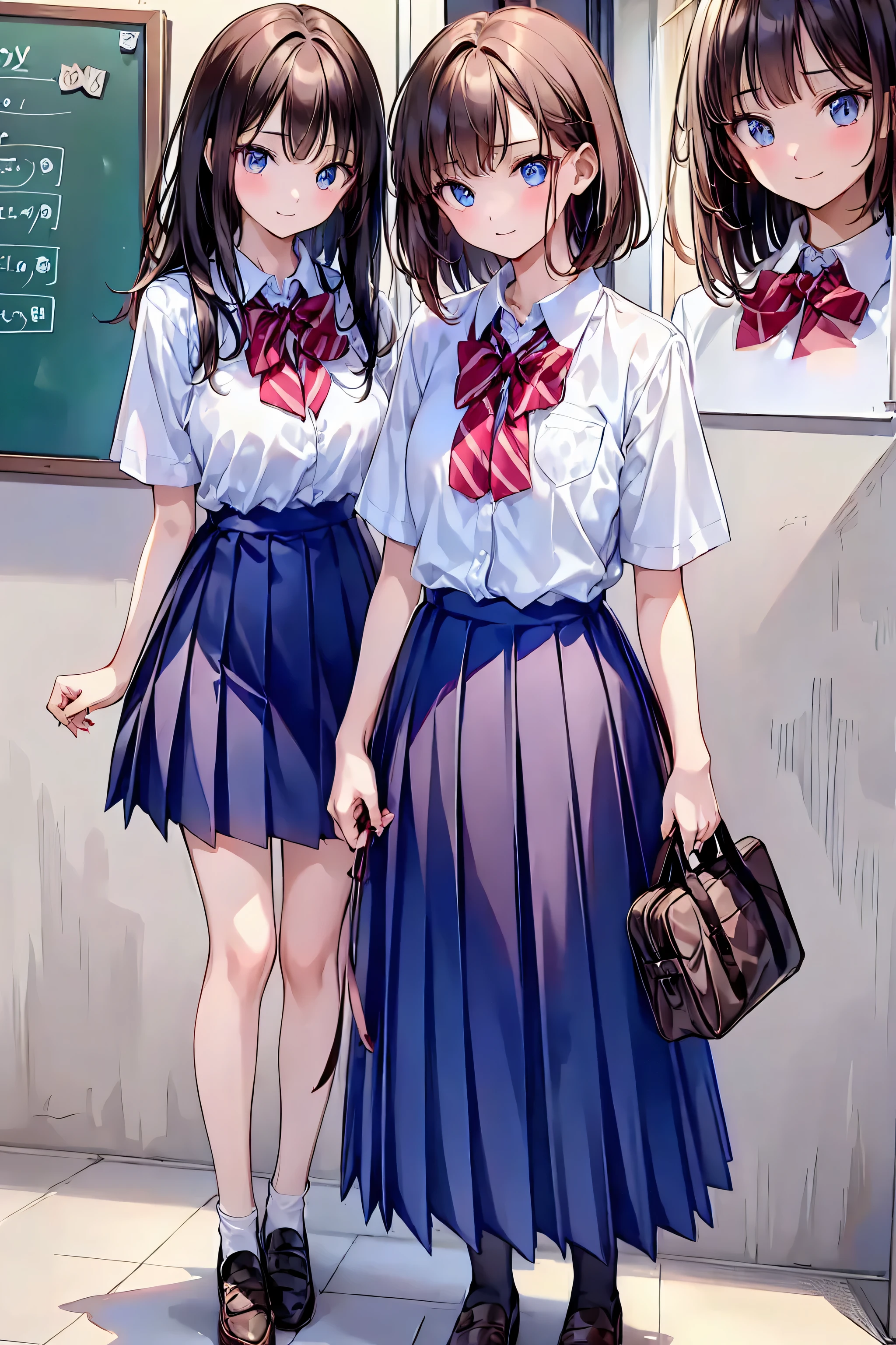 brown hair，Shortcut，messy hair，My Blurry Hair with Openings，Dignified Posture，Tiny Chest，Beautiful legs，Long Hair, View your viewers, smile, Bang, blue eyes, multiple girls, skirt, brown hair, shirt, black hair with leash, Short sleeve, brown eyes,  Long Hair, standing, white polo shirt, pleated skirt, takes off his clothes, shoes, shoes下, stripes, collared shirt, hands, three girls, bag, knee-high, plaid skirt, brown footwear, Flying sweat, loafers, grey skirt, school bag, Slanted onyx , station、perfect hands、perfect finger、perfect palm 、Perfect Nails、Perfect Thumb 、perfect index finger 、perfect middle finger、perfect ring finger、perfect little finger、perfect textured hand