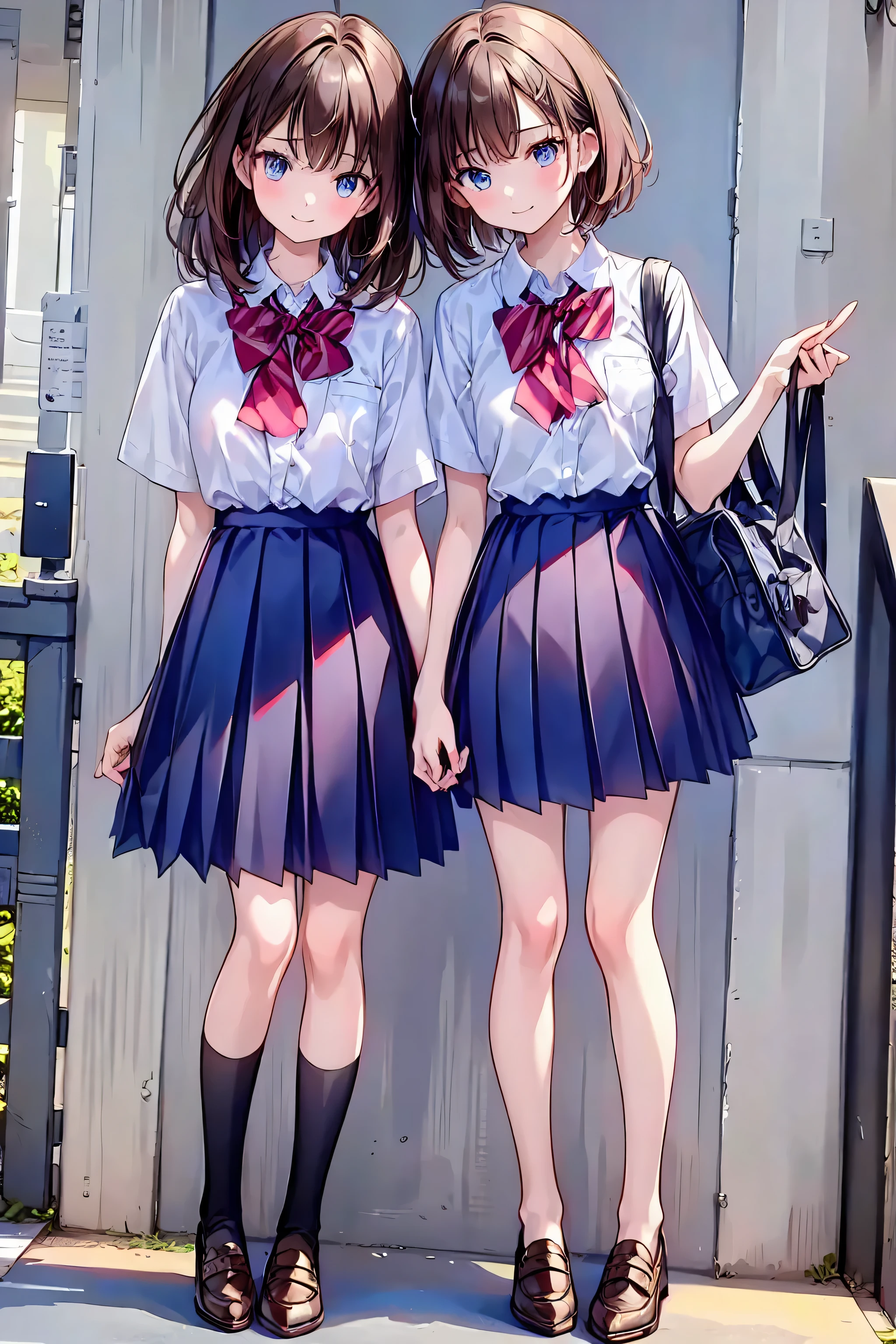 brown hair，Shortcut，messy hair，My Blurry Hair with Openings，Dignified Posture，Tiny Chest，Beautiful legs，Long Hair, View your viewers, smile, Bang, blue eyes, multiple girls, skirt, brown hair, shirt, black hair with leash, Short sleeve, brown eyes,  Long Hair, standing, white polo shirt, pleated skirt, takes off his clothes, shoes, shoes下, stripes, collared shirt, hands, three girls, bag, knee-high, plaid skirt, brown footwear, Flying sweat, loafers, grey skirt, school bag, Slanted onyx , station、perfect hands、perfect finger、perfect palm 、Perfect Nails、Perfect Thumb 、perfect index finger 、perfect middle finger、perfect ring finger、perfect little finger、perfect textured hand