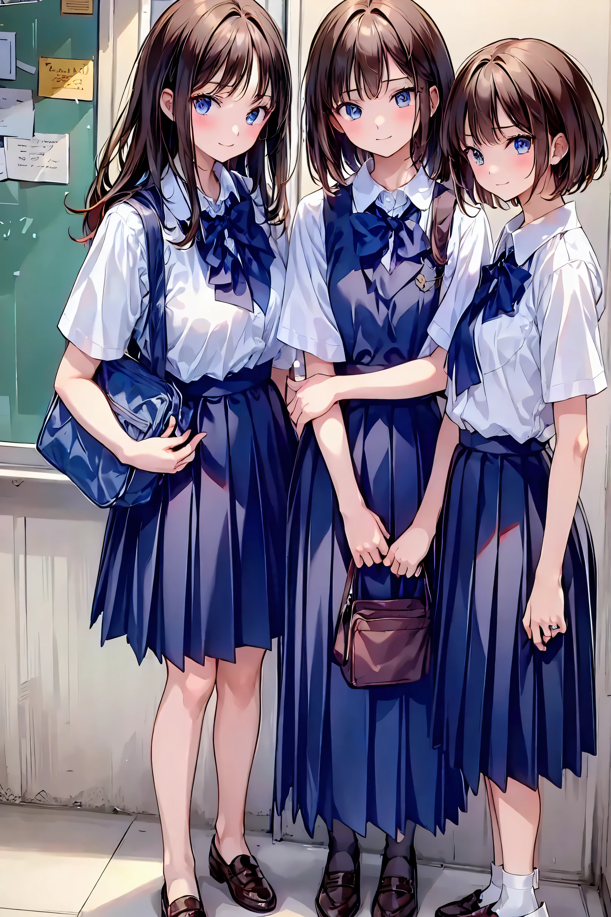 brown hair，Shortcut，messy hair，My Blurry Hair with Openings，Dignified Posture，Tiny Chest，Beautiful legs，Long Hair, View your viewers, smile, Bang, blue eyes, multiple girls, skirt, brown hair, shirt, black hair with leash, Short sleeve, brown eyes,  Long Hair, standing, white polo shirt, pleated skirt, takes off his clothes, shoes, shoes下, stripes, collared shirt, hands, three girls, bag, knee-high, plaid skirt, brown footwear, Flying sweat, loafers, grey skirt, school bag, Slanted onyx , station、perfect hands、perfect finger、perfect palm 、Perfect Nails、Perfect Thumb 、perfect index finger 、perfect middle finger、perfect ring finger、perfect little finger、perfect textured hand