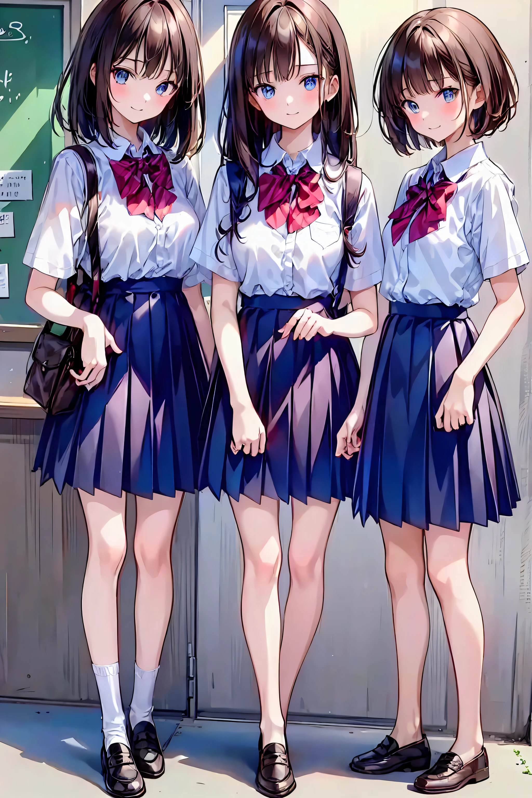 brown hair，Shortcut，messy hair，My Blurry Hair with Openings，Dignified Posture，Tiny Chest，Beautiful legs，Long Hair, View your viewers, smile, Bang, blue eyes, multiple girls, skirt, brown hair, shirt, black hair with leash, Short sleeve, brown eyes,  Long Hair, standing, white polo shirt, pleated skirt, takes off his clothes, shoes, shoes下, stripes, collared shirt, hands, three girls, bag, knee-high, plaid skirt, brown footwear, Flying sweat, loafers, grey skirt, school bag, Slanted onyx , station、perfect hands、perfect finger、perfect palm 、Perfect Nails、Perfect Thumb 、perfect index finger 、perfect middle finger、perfect ring finger、perfect little finger、perfect textured hand