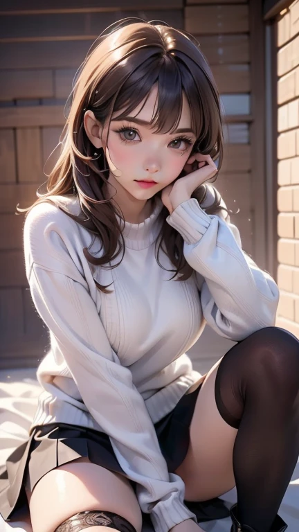 (very aesthetic, best quality, ultra detailed), intricate details,
1girl, beautiful girl,
senior, european, chestnut eyes, pale cheeks, square face shape with angular jaw,natural "no-makeup" makeup,
Genetic Engineering Lab,
wearing  Cable-knit Aran sweater tucked into a patterned A-line skirt with ankle booties and backseam lace stockings ,
brunette hair ,
soft beach waves hair ,
Full Body  ,
From Front ,
squatting,
cheerful and lively, hyperrealism,
dark theme,
soothing tones,
high contrast,
natural skin texture,
soft light,
sharp,
artistic photoshoot,