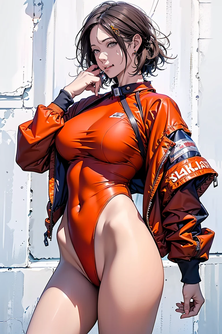 High resolution, beautiful woman, beautiful face, symmetrical eyes, model-like proportions, large breasts, short hair, one hand raised to show armpit, hand on hip, shiny, maroon super high-cut swimsuit, wet swimsuit, water running over skin, outdoor pool, strong sunlight,