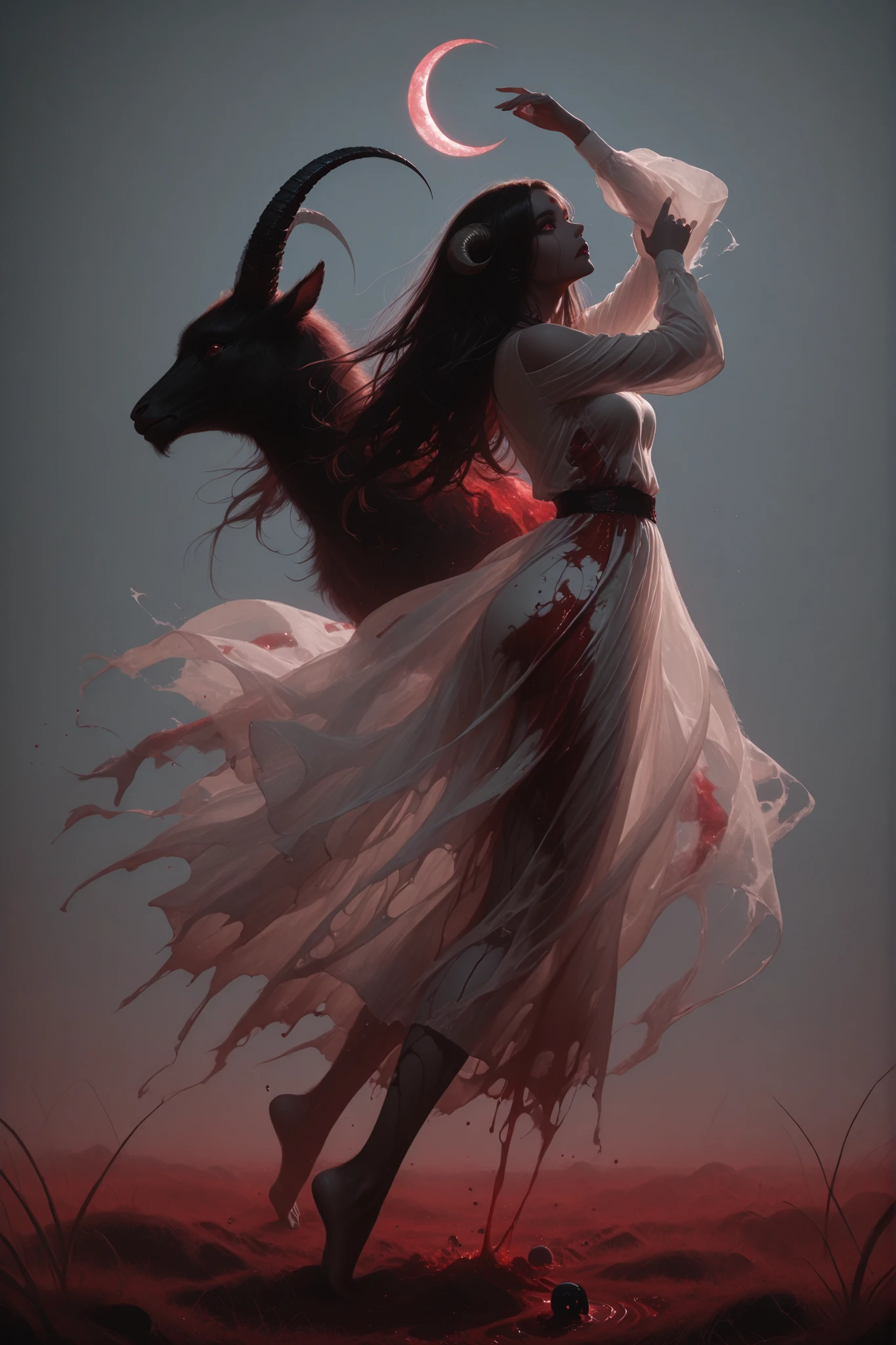 Furry girl with wolf ears and tail tied on a stick bleeding in a white dress stained with blood her hair moving in the wind with her head looking down and next to her a stick with a head buried in it