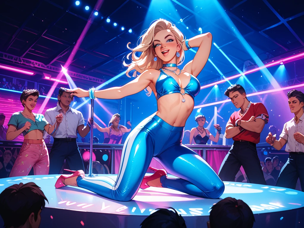 Vibrant, 8K, photo, highly-detailed, piercing eyes, thick eyelashes, natural beauty, blonde hair, short hairstyle, closeup of the body to the waist, dancing, joyful, [Cate Blanchett|Saoirse Ronan], in a colorful dance club with strobe lights, patterned walls, and a lively crowd, [Dua Lipa|Calvin Harris]