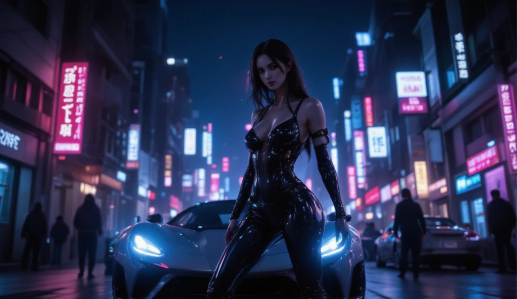 A cute woman, sexy skin suit, a few cybernetic data-ports mar her skin, neon chrome color scheme, posing next to a matching cyber super car, future tokyo, extremely detailed, high quality, 8k, photorealistic, masterpiece, cinematic lighting, vivid colors, chrome, neon, cyberpunk, science fiction, futuristic, seamless, intricate details, sharp focus, volumetric lighting

