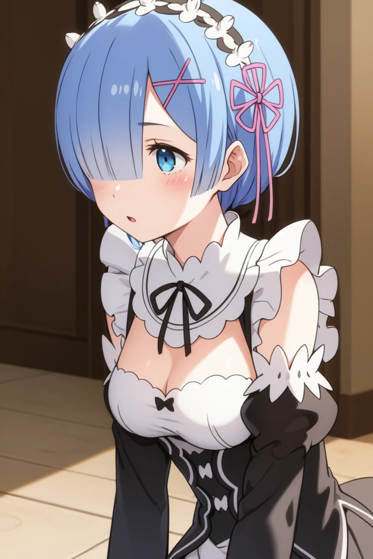 best quality, masterpiece, <lora:Rem-000009:0.9:MID>, phRem, 1girl, maid, looking at viewer, out of frame, solo focus, maid headdress, parody, roswaal mansion maid uniform, pov, parted lips, holding hands, anime coloring, natsuki subaru, open mouth, pov hands
