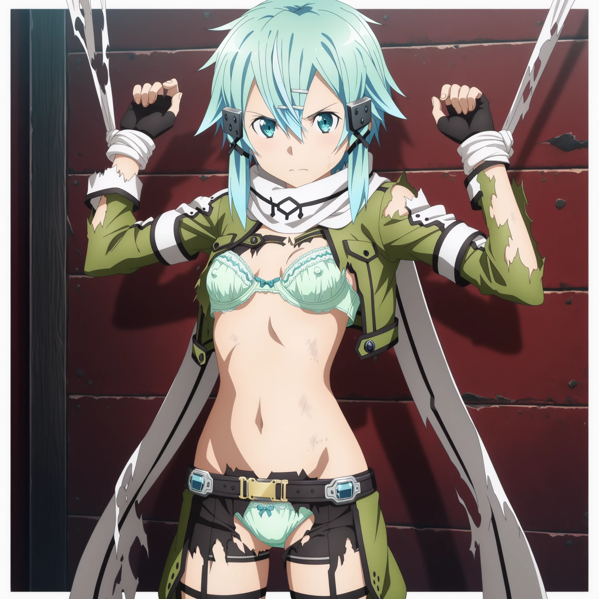 Masterpiece, best quality, 1 girl, Sinon, shocked expression, black bra and underwear, mysterious alley, date, hands forced above head, pinned to wall, blushing, looking at camera, wet pussy, seductive, steamy, dimly lit, intense gaze, seduction, passionate encounter, sensual, steamy atmosphere, revealing clothing, intimate moment, bold, daring, edgy. Sinon, in a surprise turn of events, finds herself in an unknown alley on a date. Her expression is one of shock as her date suddenly strips her of her clothes, leaving her only in her black bra and underwear. She is pinned to the wall with her hands