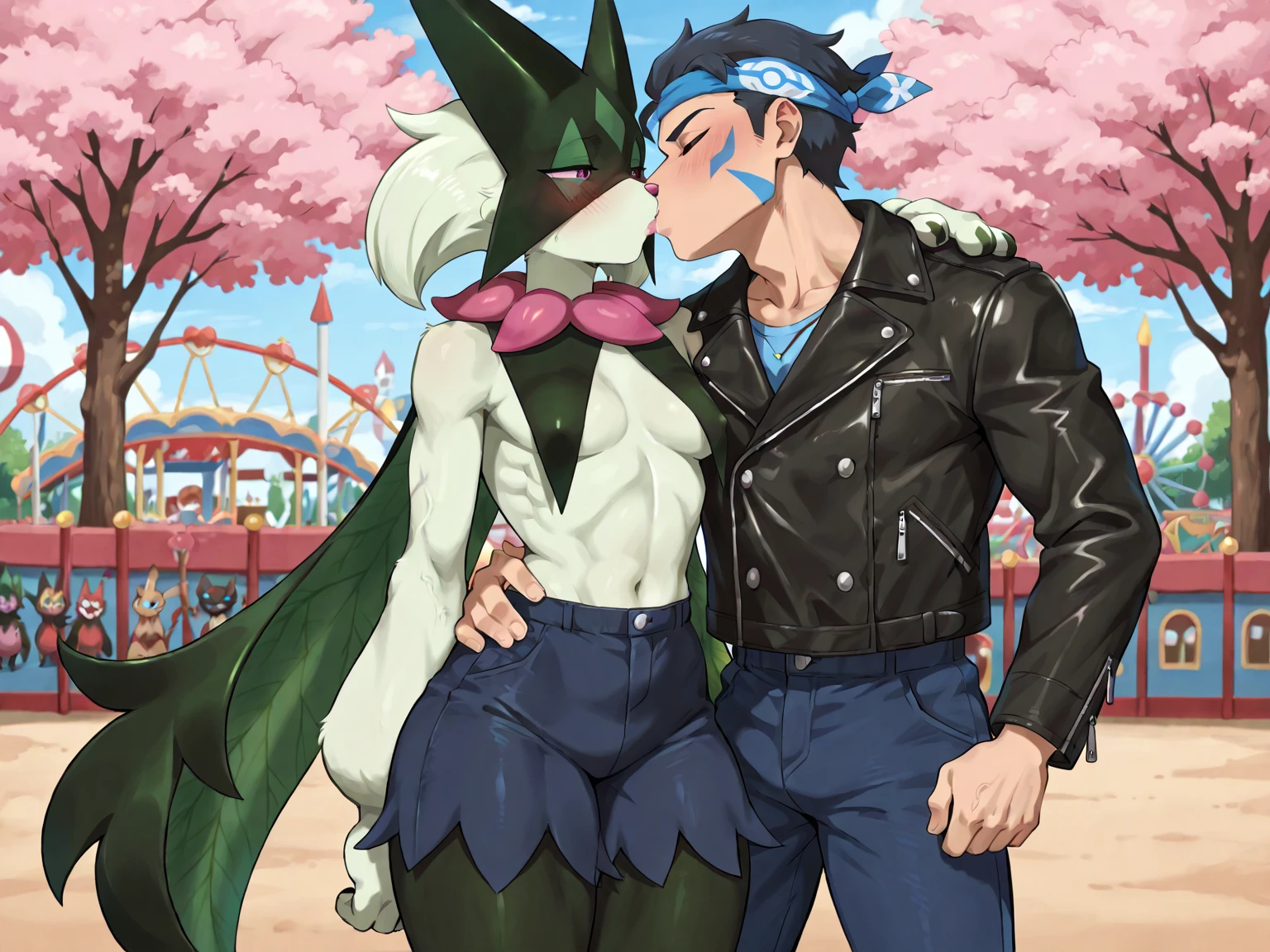 Duo, score_9,score_8_up,score_7_up, source_furry, meowscarada from Pokemon, tall slender body, , , furry body, eyes half open, , :3, , ,  , she is getting   by a  human male, outdoors, on a grassy field, male is grabbing her , male is cropped out