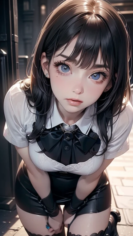 (masterpiece: 1.3), (Maximum resolution: 1.2), (Ultra High Definition TV: 1.2), Cinematic Light, 8K resolution, Detailed facial features , (Sharp focus: 1.2), (Focus on the face:1.2),Perfect Style, Beautiful Face, Acura, Anatomically correct, Highly detailed face and skin texture, Beautiful Eyes,Beautiful Eyes, Thin eyebrows, Glitter Eyeliner: 1 Natural Cheeks, Glowing Skin, Fair skin: 1.2, (Glossy Lips: 1.4),、 (Embarrassed look: 1.2),Highly detailed face and skin texture, Natural Cheeks, , Glossy Lips: 1.4,Perfect Style、Cleavage、Soft Breasts、(White mucus on chest:1.4)(White mucus on thighs:1.2)、 blush、A humiliating look、Anxious expression、A look of humiliation、Embarrassed look、Glare、anger、sorrow、tears、Open your knees、Spread your legs、 White underwear、Sparkly little earrings and necklace、Disheveled clothes、White panties、sweating、Thin underwear、stockings、Year: 18-year-old, A clean-cut woman,1 person、 Upward-facing chest, Black brown hair、blonde、Silver Hair、Blue-gray eyes、Greenish-gray eyes、Bedroom、bed、(High School Uniform:1.4)、masturbation behavior、Masturbation、short hair、Semi-long hair、Wavy Hair、