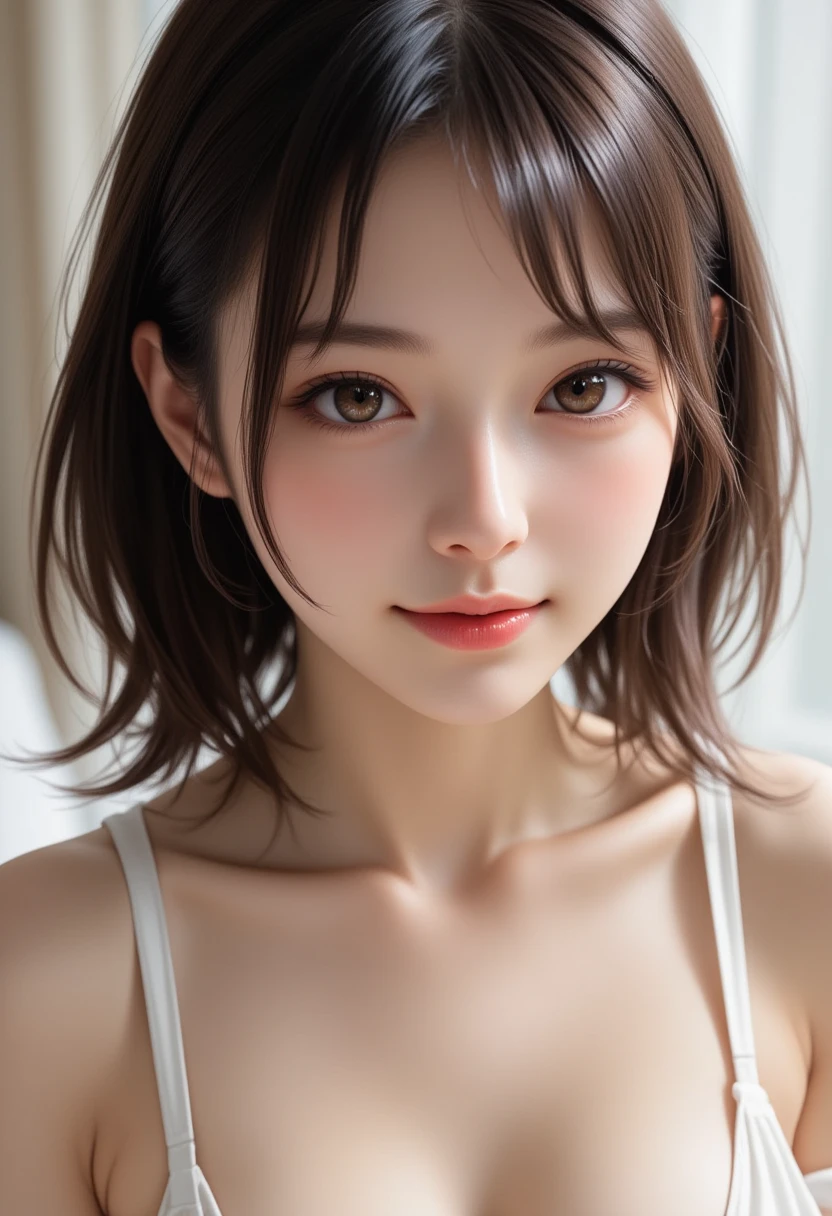 Beautiful woman、Japanese、Gal、Brown Hair、naked、tits、Nipples、bangs、looking at the camera、Close-up、Semi-short hair、Shoot from above、Upper Body