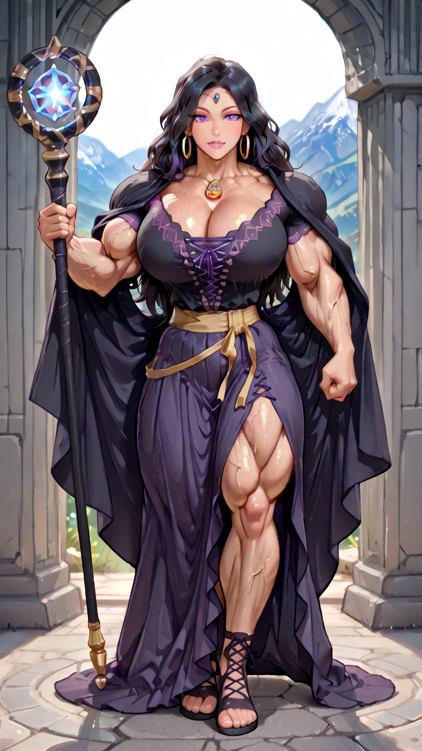 ((((Massive, tall, beautiful, buff, muscular brown skinned woman mage with shocking pink hair, black lipstick, ginormous bulky muscles, holding a fire mage staff and wearing a beautiful hooded black enchanted robe with gothic armor and beautiful long skirt)))), (close view), massive muscles, massive biceps, hyper muscle shoulders, hyper muscle triceps, (angled bob cut), red eyes, (wearing an extremely intricate robes, magical robes), mage boots, skirt, smirk, black gauntlets, (in a dark fire Mystical forest), evening, Vascular arms, hyper vascular arm, hyper muscles arms, hyper muscle legs, massive arms.