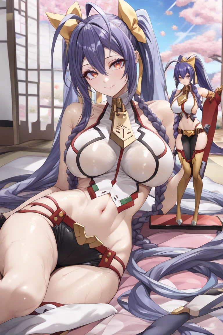 layer_megamanx, 1girl, solo, long hair, purple hair, blunt bangs, hair over eyes, large breasts, dark skin, dark-skinned female, android, underboob, robot ears, slave bikini, collar, chain leash, thong tan lines, purple belly button piercing