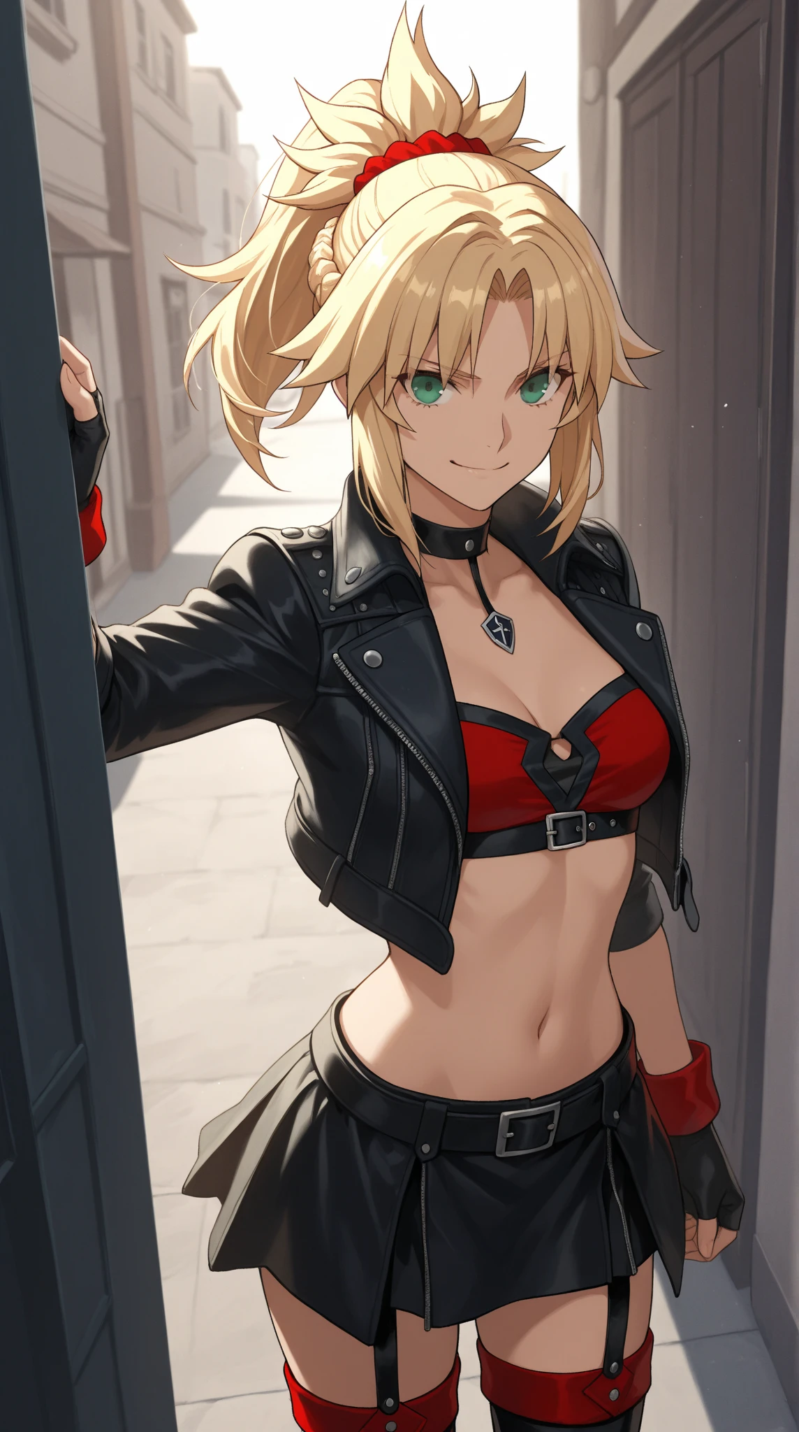 best quality, masterpiece, highres, solo, {mordred_fgo:1.15}, blonde_hair, long_hair, ponytail, green_eyes, braid, scrunchie, hair_ornament, red_scrunchie, bangs, hair_scrunchie, breasts, smile, small_breasts