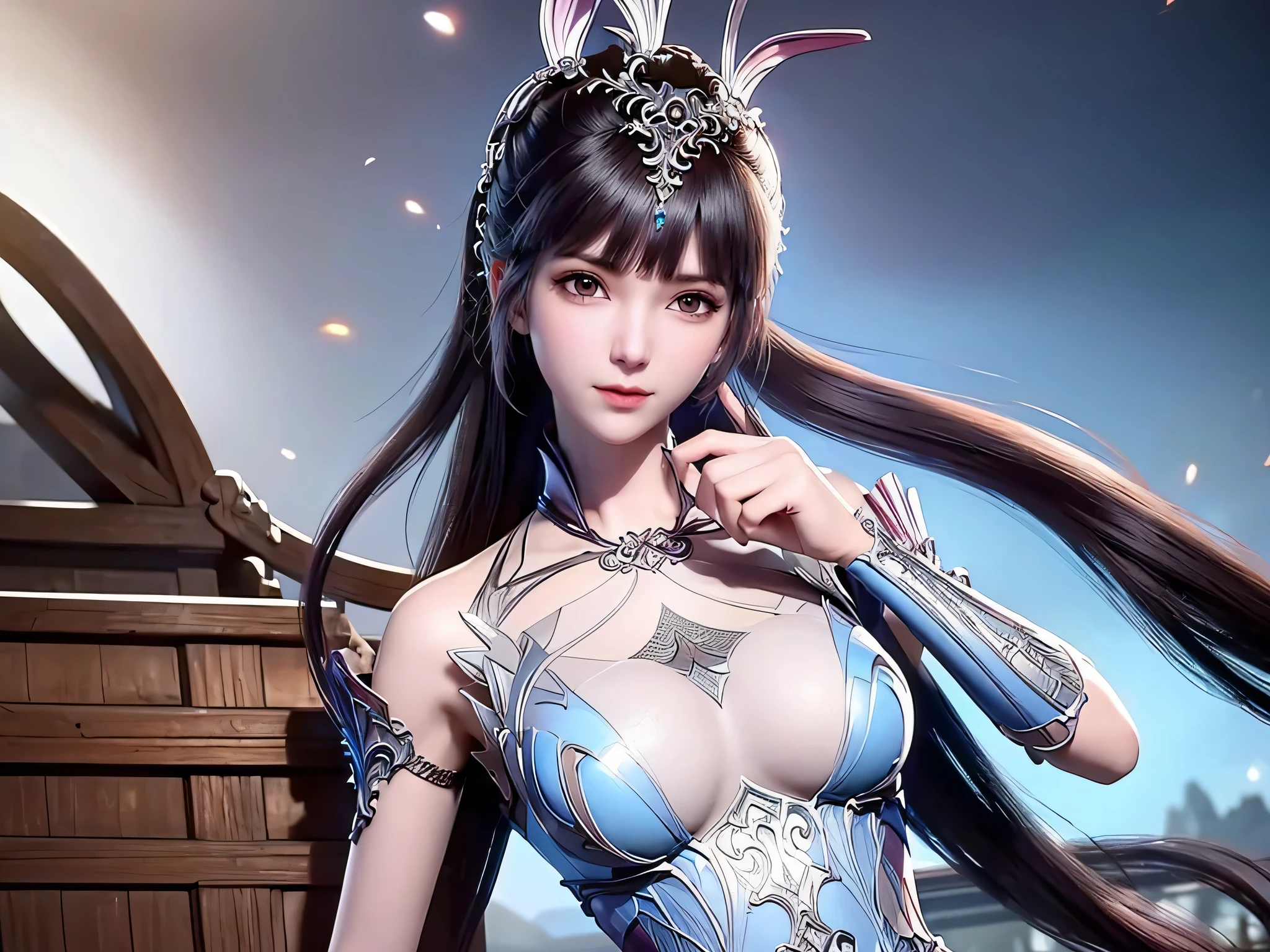 Alphad image of a lady wearing a white dress and a blue dress, palace ， Girl wearing Hanfu, beautiful fantasy queen, Guvitz, xianxia fantasy, Beautiful character painting, Chinese Fantasy, author：Yang Jie, Popular on cgstation, Guvitz-style artwork, Inspired by Lan Ying, ((beautiful fantasy queen))(((Large Breasts、Low-cut，Cleavage, Wide hips,)))((Long legs)),Hourglass figure))