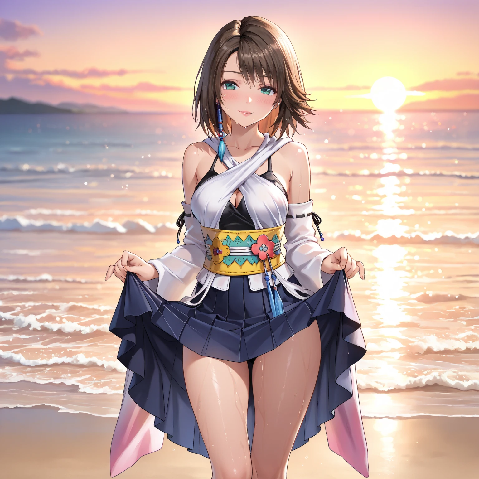 (1 girl),(high quality), (High resolution), (extremely detailed), (8K),(lower body shot),(CG illustration)YunaFFX、heterochromiashort hair,YunaFFX、heterochromia、short hair、YunaOutfit、hair ornaments、Removal sleeve、hakama、band、hakamaスカート、long skirt,(Beautifully erect nipple shape),High resolutionの美しい目,(neutral white lighting:1.2),
