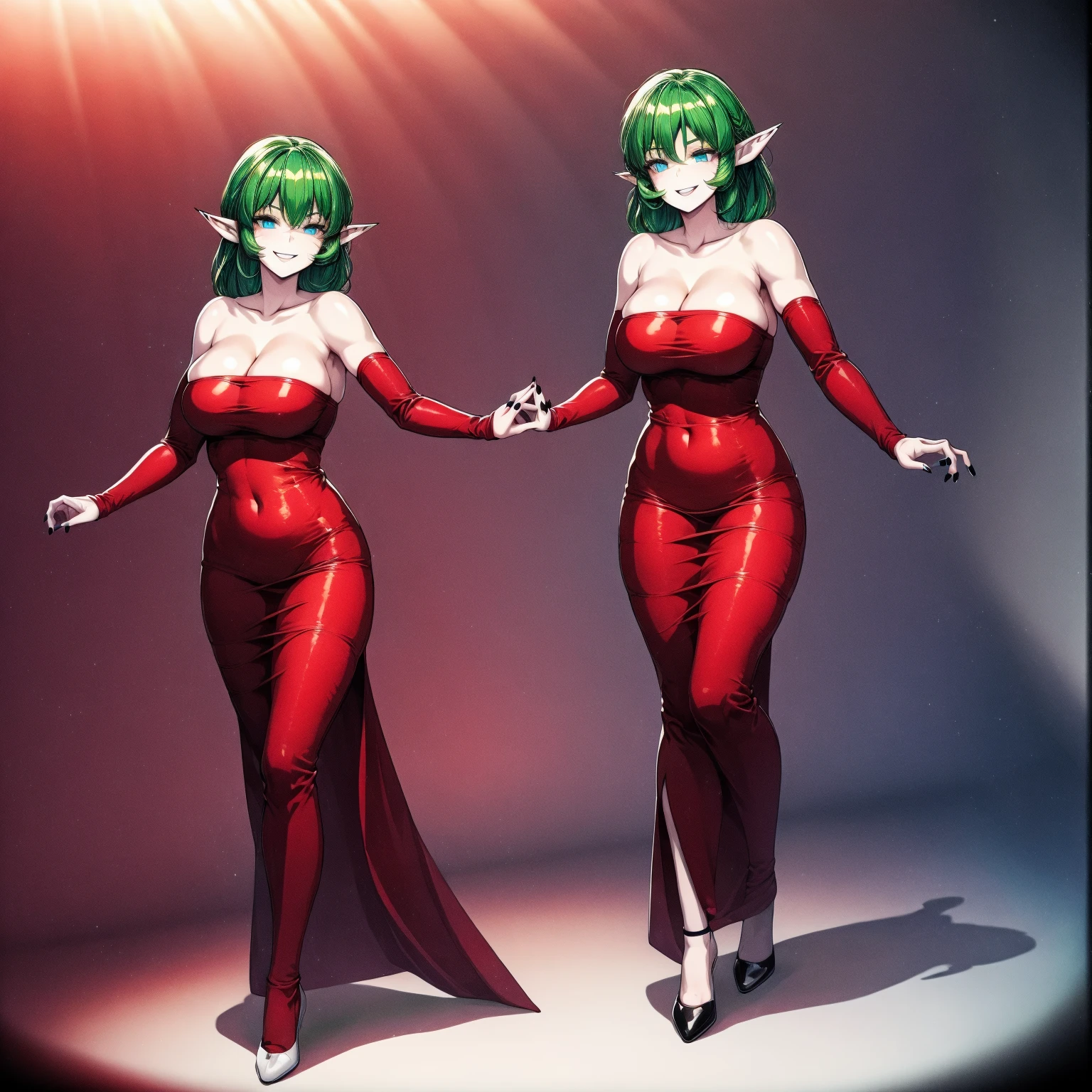 Scar the female hamster supervillain, scarlet dress corset, green hair, full body view
