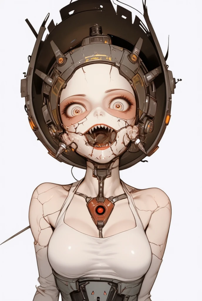 best quality, masterpiece, highres, extremely detailed girl, solo, sharp focus, cinematic lighting, character, 1 girl, solo, large Mechanical limbs, mechanical eyes, bald, (small breasts), rage, chainsaw hand, cyberpunk city, blood on face, sharp metal teeth, clawed hand, scars