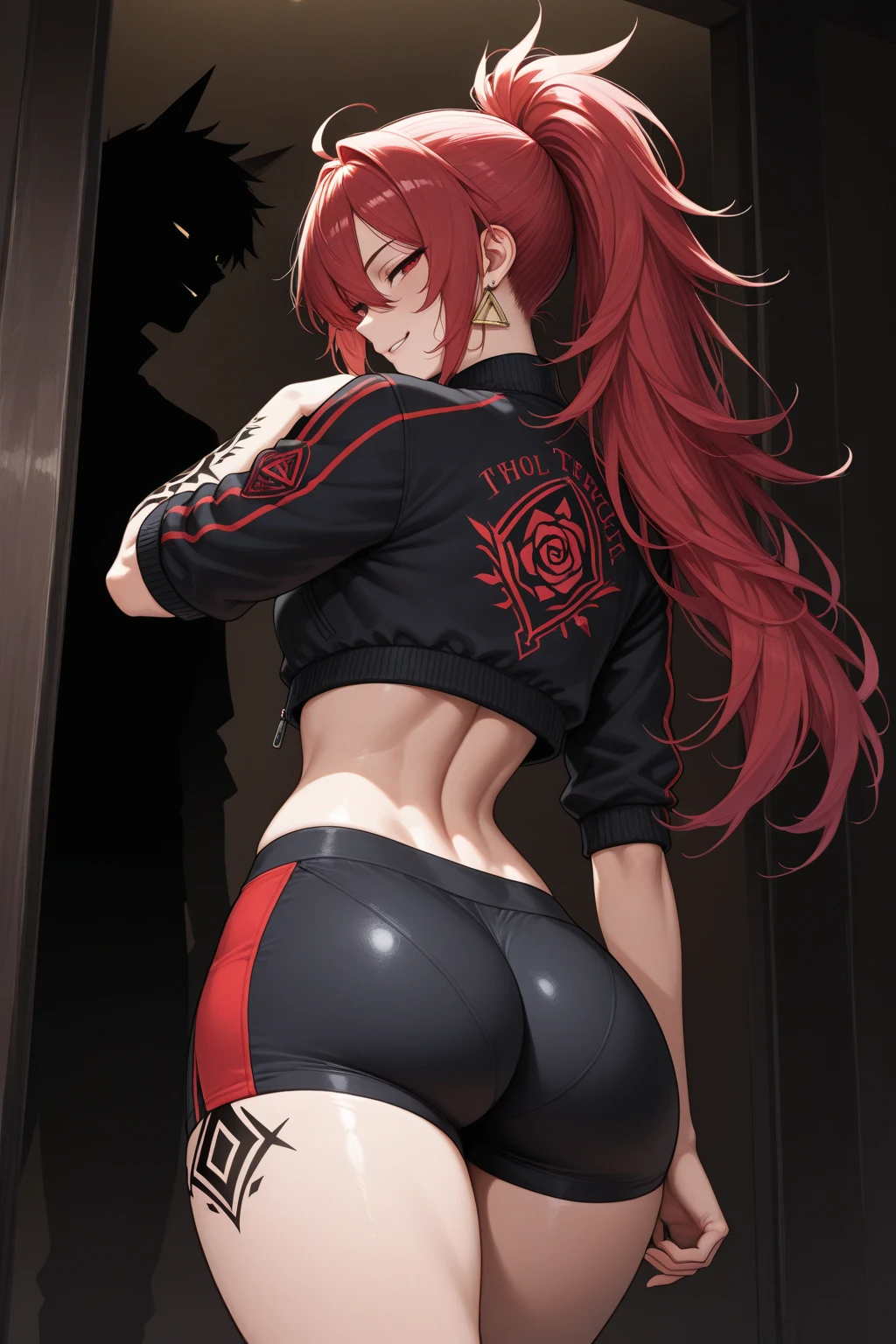 (ultra_high_res), (sfw), ((8k)), (high_quality), (masterpiece), (sexy), (beautiful_body), (slim_body), (dark_background), wrestling_ring, (wrestling), (wrestling_outfit), (standing), sweat, back, (full_body) visual_novel, (solo), muv-luv, muvluv_style, ((Kagami_Sumika)), sumika, (red_hair), long_hair, abs, medium_breasts, elbow_gloves, thigh_high_boots, smug_face