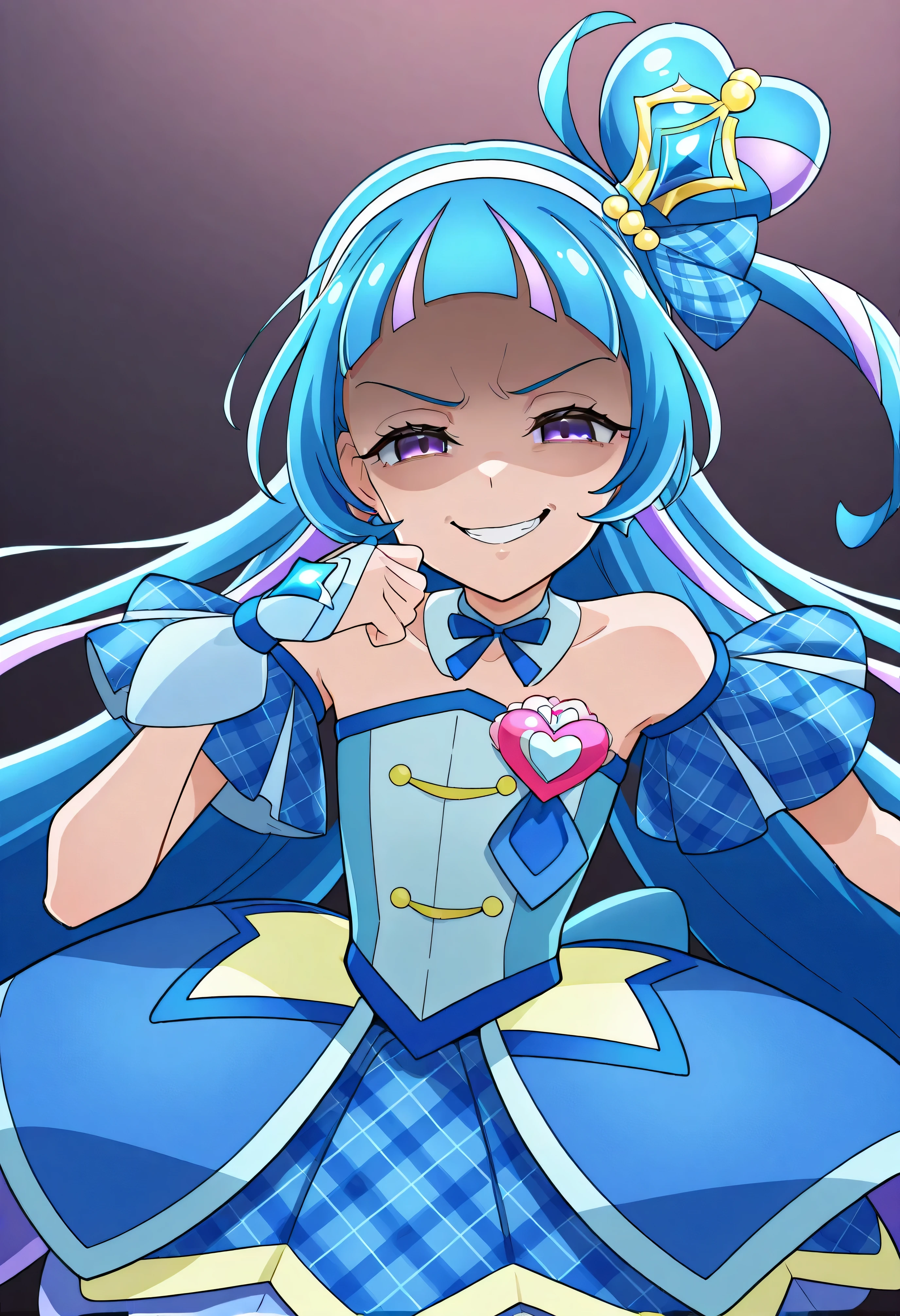 、  、from below、 BREAK、cure ink 、Cure Winx  、idol you and idol Pretty Cure blue hair、Magical Girl、 mini crown、PURPLE EYES, blue dress ,Angled hat,Very Long Hair,sober bang,Bareshoulder,Headband,,,nsfw,(rape face:1.5),obscene,top quality,very detailed images,single,1girl,solo,低アングル視点,上から視聴者を見下ろす,looking at viewer,single,1girl,solo,single,1girl,solo,single,1girl,solo