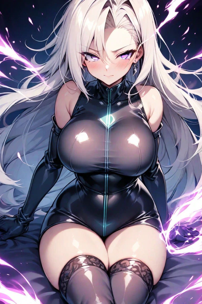 1girl, white hair, large breasts, breasts, thick thighs, wide hips, red eyes, bodysuit, black bodysuit, pantyhose, long hair, light smile, happy, science-fiction, tech, futuristic, black pantyhose, thighhighs, neon, machinery, hair ornament, ornament, neon trim, anime style, 2d, anime screencap, shoulder armor, blue neon trim, hip sway, swaying hips, bouncing breasts, arms behind back, hands behind head, arms behind head, arms up, me!me!me dance \(meme\), dancing, dance, hourglass figure