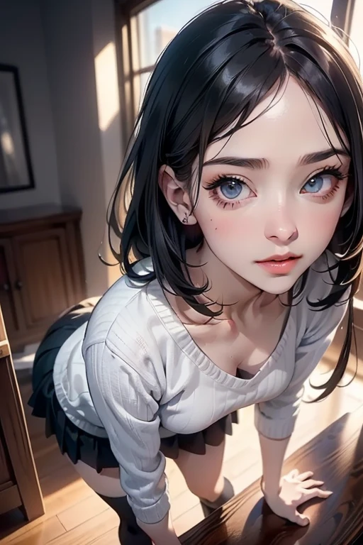 (best quality, ultra-detailed, realistic:1.37),beautiful detailed eyes,beautiful detailed lips,long eyelashes,perfectly styled hair,gorgeous makeup,sexy seductive gaze,intense blushing,sensual appearance,oversized sweater,natural light,window,beautiful face,bed,pillow,viewer.