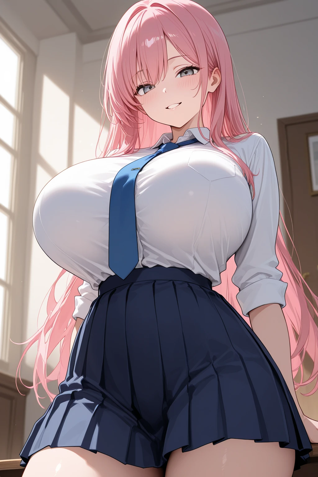 甘々な女の子, seventeen years, erotic, voluptuous, gigantic breasts, pink long hair, shirt, bow, skirt, love hotel room, standing