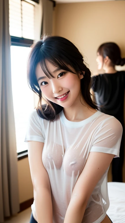 high quality, detailed,(at night:2.0)she is 16 years old japanese gal,standing prostitute,in the shower room,she has a mole under her eye,very small breasts,(wearing long sleeve white oversized t-shirt dress,offshoulder,very very wet thin fabric shirt,),blunt bangs,((bun hair)),huge smile,((wearing overknee socks)),slender,face up,nipples