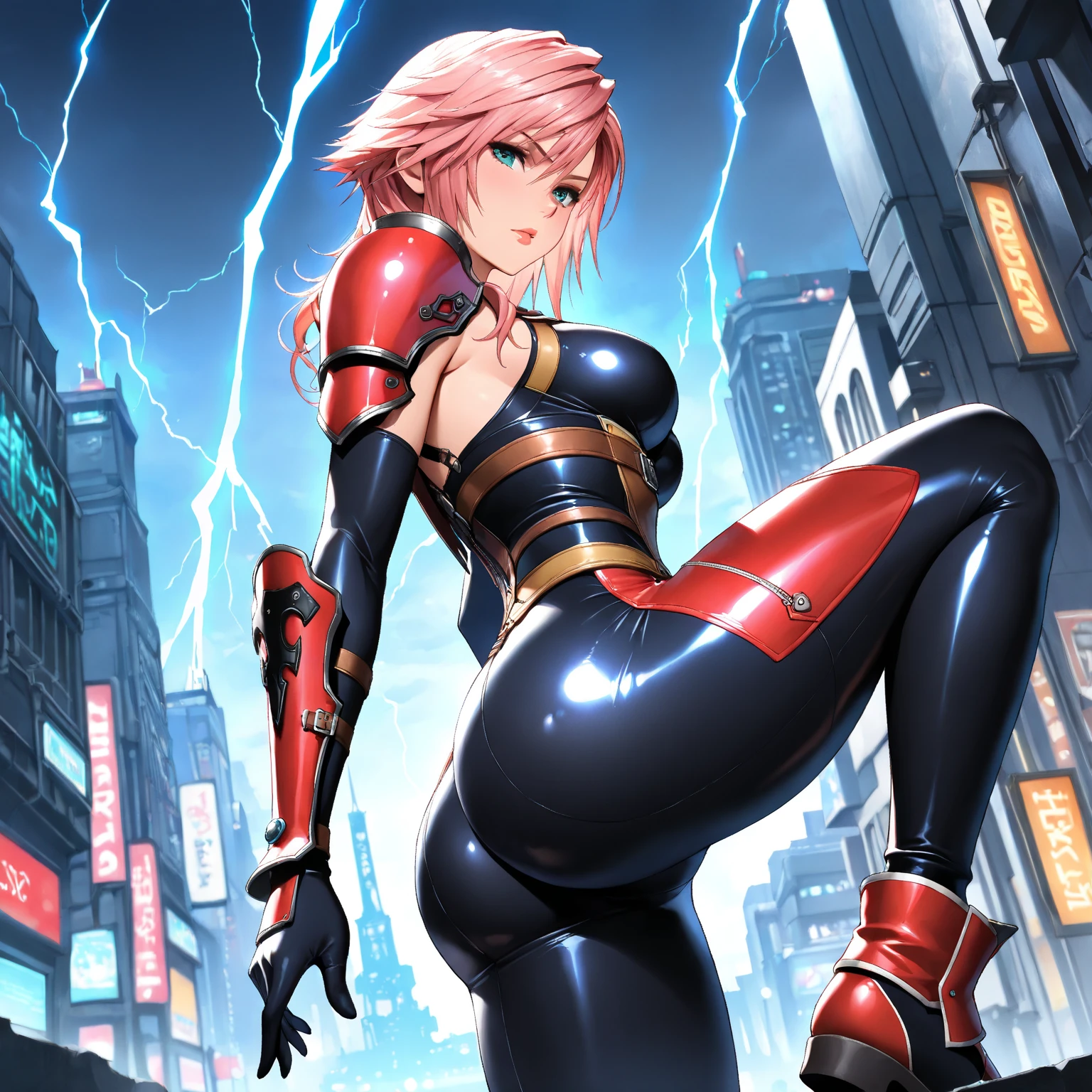 ultra-detailed, Explicit, Beautiful body, Beautiful Nose, Beautiful character design, perfect eyes, perfect face, ultra highres, 4K, beautiful legs, perfect legs, Nice hands, Perfect hand, Masterpiece, Best Quality, Highly detailed, illustration, absurdres, perfect anatomy, street fighter, doll suit, shadaloo doll, dollsuit, expressionless, blank eyes, looking at viewer, red gloves, emotionless, black latex, corrution, mind control, female combatant, full body, hypnotized, unhappy trance, full body suit, ribbed bodysuit, both arms at side, obey, perfect female body, extremely glossy latex, hypnosis, hypnoLora, empty eyes, Mind control device, poses, submissive_pose, Slave, standing straight, standing, standing at attention, hat, necktie, belt, latex, ribbed bodysuit, thighhighs, garter belt, Fighting Stance, extending the right arm from the shoulder into the air with a straightened hand, military, thigh boots, 1girl, hair ornaments, pink hair, short hair, pink eyes, (((pixel-perfect, detail-perfect))), solo, 1girl, CyberTutu, YU-GI-OH!, visor