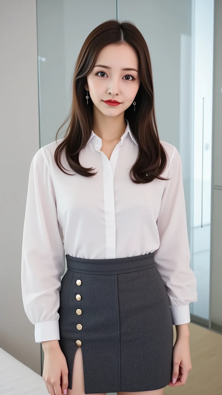 RAW photo, bokeh, (Lifelike face), smiled slightly, Top image quality, High resolution, best quality, 8k, HDR, (photorealistic:1.5), young girl, blackpink, (1girl:1.4), slim figure, perfect face, cool face, (nice leg line:1.3), thin waist,, thighhighs, necktie, ((pencil skirt)), looking at viewer, from below, full body portrait, White Blouse, (pantyhose:1.3), (The golden ratio figure), realistic, photorealistic, award-winning illustration, (intricate details:1.2), (delicate detailed) (intricate details),(cinematic light, best quality Backlights), clear line, sharp focus, ultra-detailed, highres, extremely detailed, extremely delicate and beautiful, professional lighting, dynamic lighting, light on the face, depthoffield, solofocus.