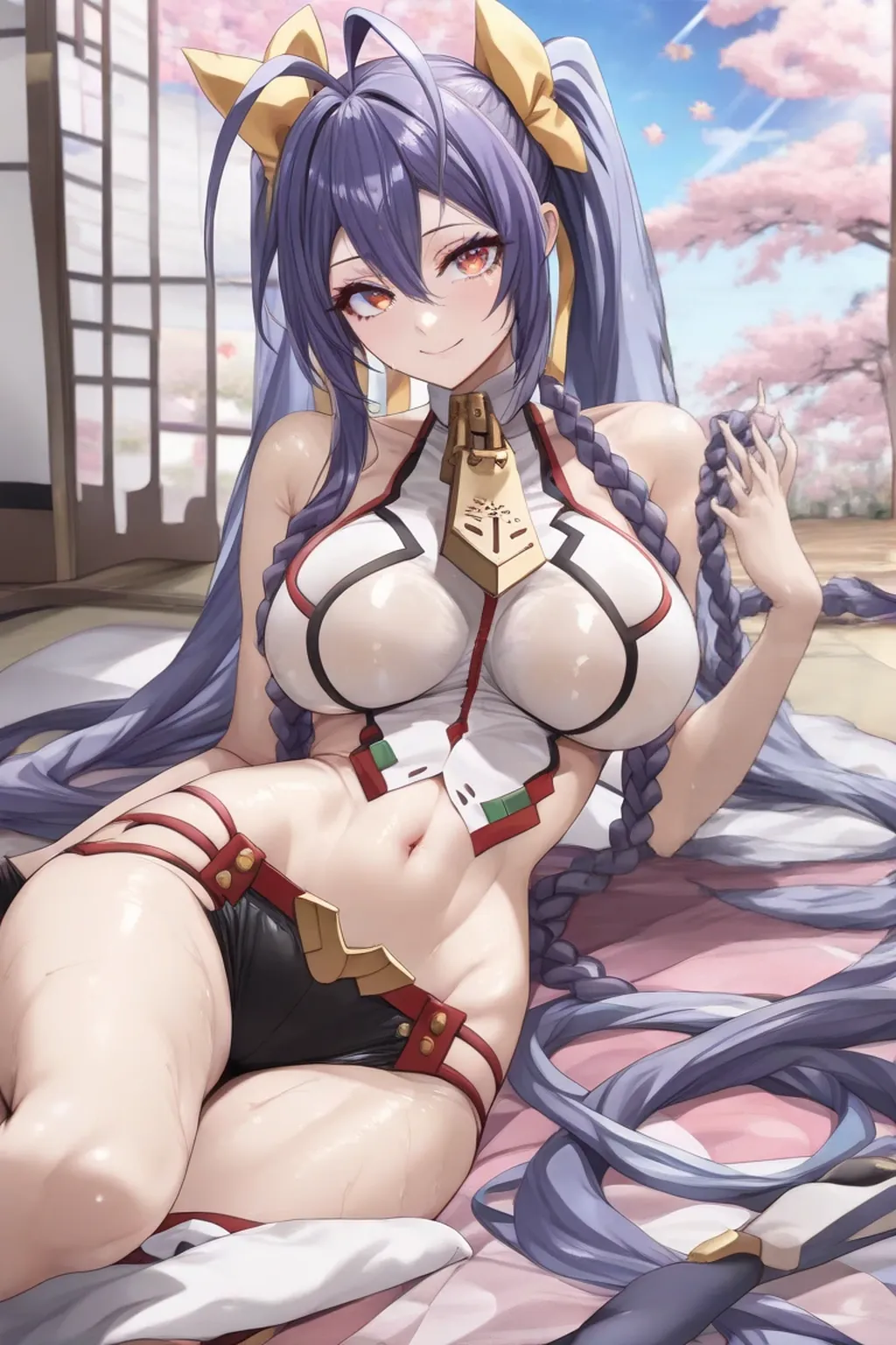 16K Best Quality, of the highest quality, ultra-detailliert、 masutepiece, Beautiful woman with long blue hair, She has a big braid in her hair. Red Eyes, ultra gigantic tits, It is a pose in which the chest is held close with the arms......。Super big ass, Big thighs, Beautiful she is sleeping in bed、Red cheeks、mummy costume, Bewitching smile、Pink 、Arm bandage, chest bandage, Bandage on the buttocks,Thigh bandage,The background is a bed in a Japanese-style room at night、