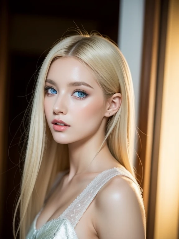 Une femme nue de beauté dans un espace fantastique, Micro robe moulante couleur blanche et or, 98k, {{chef-d&#39;œuvre}}, meilleure qualité, Haut quality:1.4), {{[[regard de face}}, œil_contact,Diverses actions photo)]], très joli look visage, and very pretty œils, images mignonnes, images mignonnes, {{Un demi-corps}}, {{{{{{{{LONGUES JAMBES}}}}}}}}, {{{{corps mince sexy}}}}, {{{{{{Grande femme}}}}}}, {{177 cm de hauteur}}, Seulement, beau, beau, Adorable, peau pâle, {{18 à 22 ans fille allemande}}, look beautiful German girl and blue œils or green œils with platinum blonde hair color), Jeune fille germano-nordique, {{{{{{{{{{demi-fille}}}}}}}}}}, {{{{{{{{{{Haut_talons}}}}}}}}}},
