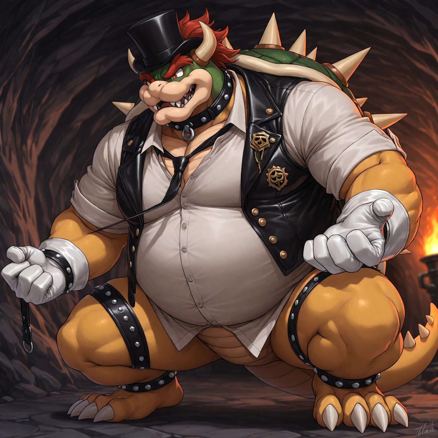 Solo, Male, fat, extremely obese, gentleman, dapper Professor Bowser, blue eyes, (posing:1.3), (soft shading), 4k, hi res, ((detailed face, detailed)), looking at viewer, evil grin, steampunk, collared shirt with buttons, top hat, male focus, Explorer Outfit, glasses, monocle, bag, vest with buttons, backpack, sleeves rolled up, round eyewear, brown headwear, brown vest, Bowser is wearing a glossy leather dog collar around the neck, Bowser is wearing the leather collar and shirt and vest at the same time, Bowser is wearing glossy white rubber gloves on the hands, wearing white rubber gloves on the feet, Bowser is wearing glossy white cuffs around the wrists with cufflinks, gloves are rubber in texture, clenching teeth, clenching fists, leather collar is glossy and shiny with a lot of detail, Bowser is wearing gloves and cuffs and cufflinks at the same time, leather collar has a round dog-tag, leather collar is thick and detailed.