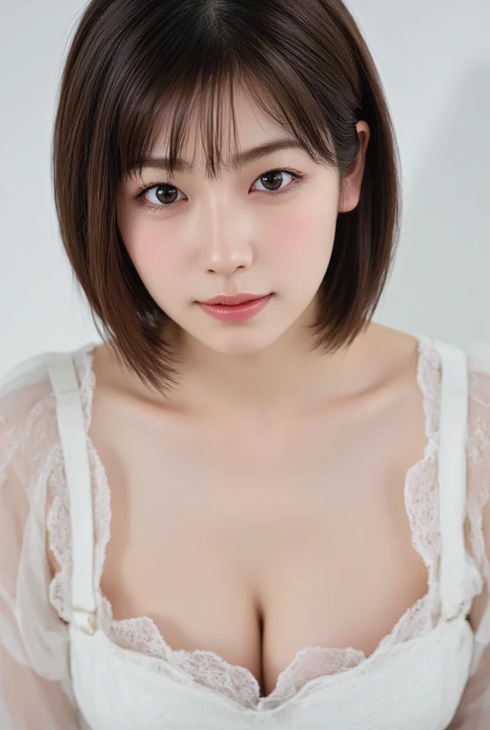 masterpiece, highest quality, 8k,Ultra-high resolution、1080dpi、Head to knee photo、 20th Generation, Large Breasts, cute, alone, sad, cute, Girlish, cute、Delicate girl, Pure beauty, RAW Photos, Professional photography, Soft Light, Professional Lighting, Backlight, avert your eyes, Sophisticated, Film Grain, (Eyes and facial details:1.0), Short floating hair, Beautiful, flowing hair, bangs, (A loose white see-through blouse)、(Large Breasts:1.2)、You can see a little cleavage、The nipple protrusions are clearly visible、(Micro Mini Skirt(Pink))、Voluptuous thighs、Translucent white skin、Dolly Makeup、(Odd Eye、The left and right eyes are different colors)