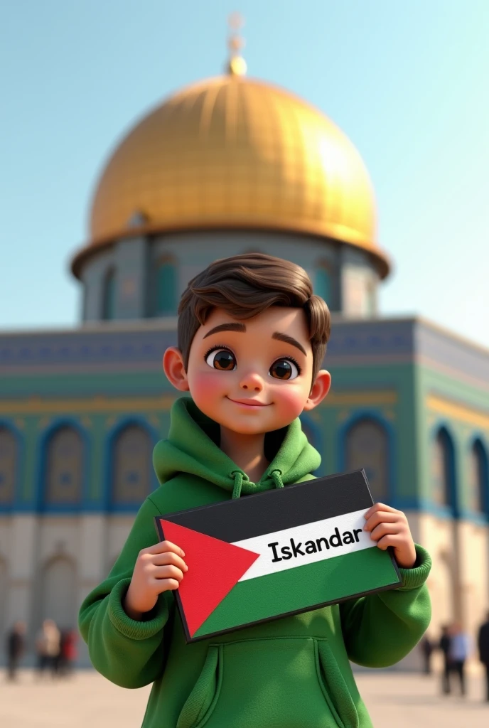 Please draw me a picture of a man muslim Without a beard Young age 7 years, wearing a sarong, wearing a cap, wearing glasses, wearing a plain white t-shirt, standing and smiling. Wearing a plain white cap, and the background is the Palestinian flag