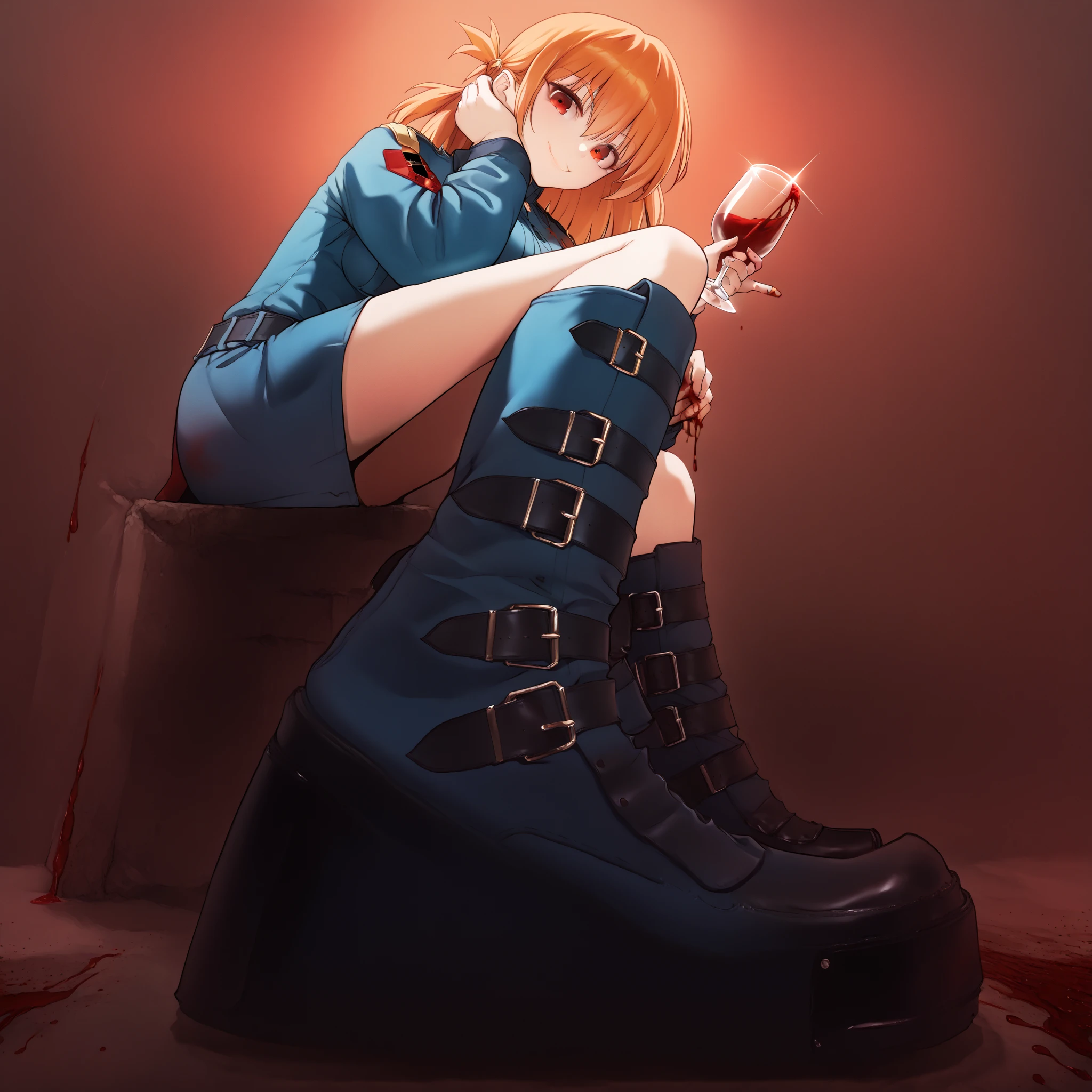 score_9, score_8_up, score_7_up, score_6_up, score_5_up, score_4_up, source_anime,
1girl,
1girl, Serasxl, orange hair, red eyes,
military uniform, blue jacket, belt, mini skirt, armband,
evil smile,
, 
holding a glass of red wine, blood dripping from mouth,
looking at viewer,
from below, foreshortening,
dungeon,
sitting, chair,
(tr4nsf0rmer boots), foot focus, black footwear, platform footwear,
embedding:zPDXL2 ,
