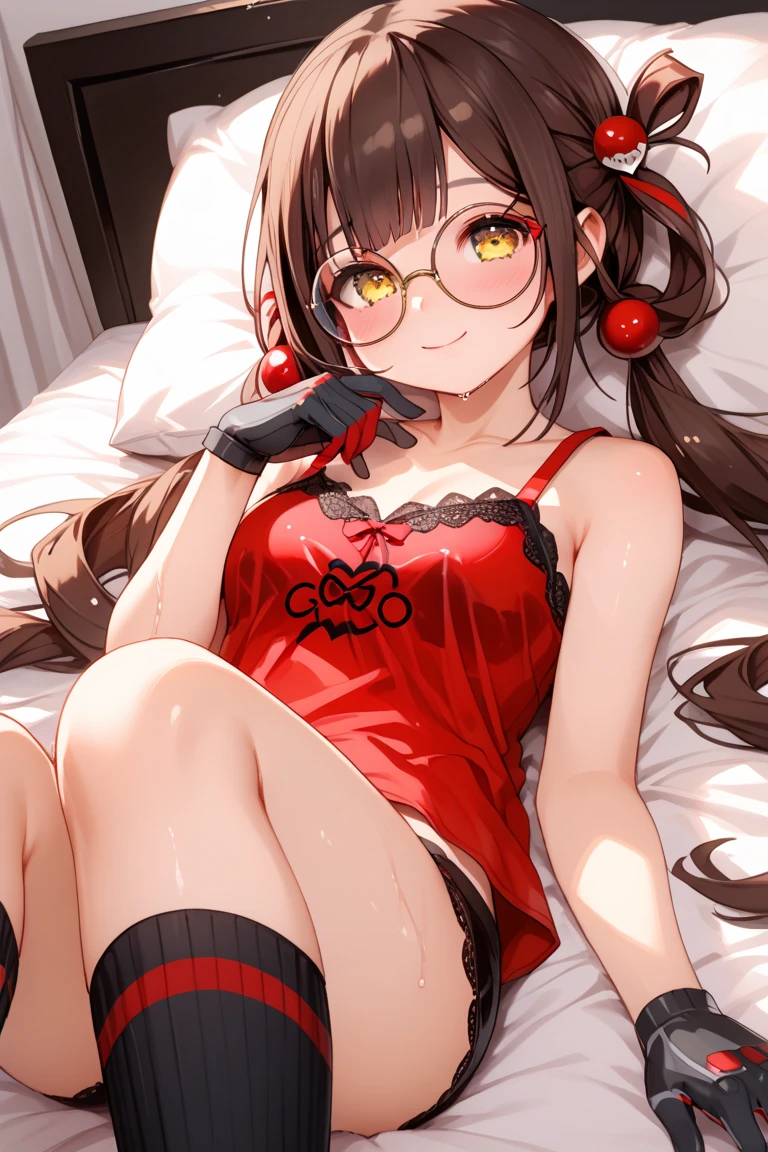 <lora:soine:0.5> soine, bed, pillow, lying, on side, (pajamas:1.2), from side,, ultra detailed, masterpiece, best quality, aesthetic, detailed,, solo, smug smile, 1girl, purple eyes, red-framed eyewear, (black hair, red colored tips:1.2), red streaked hair, very long hair, side ponytail, tied hair, medium breasts,