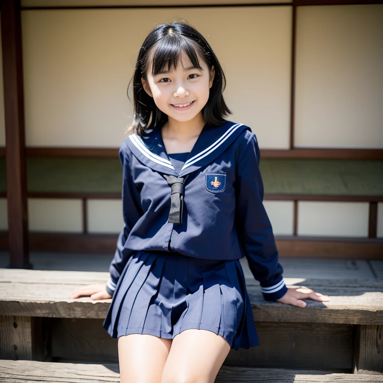 One girl, short hair,Black Hair,smile, summer, room,Bed, Junior high school freshman, Look here, Sailor suit, whole body,transparent, (masterpiece, Highest quality), Soft Light, Structure of the film, Cinematic