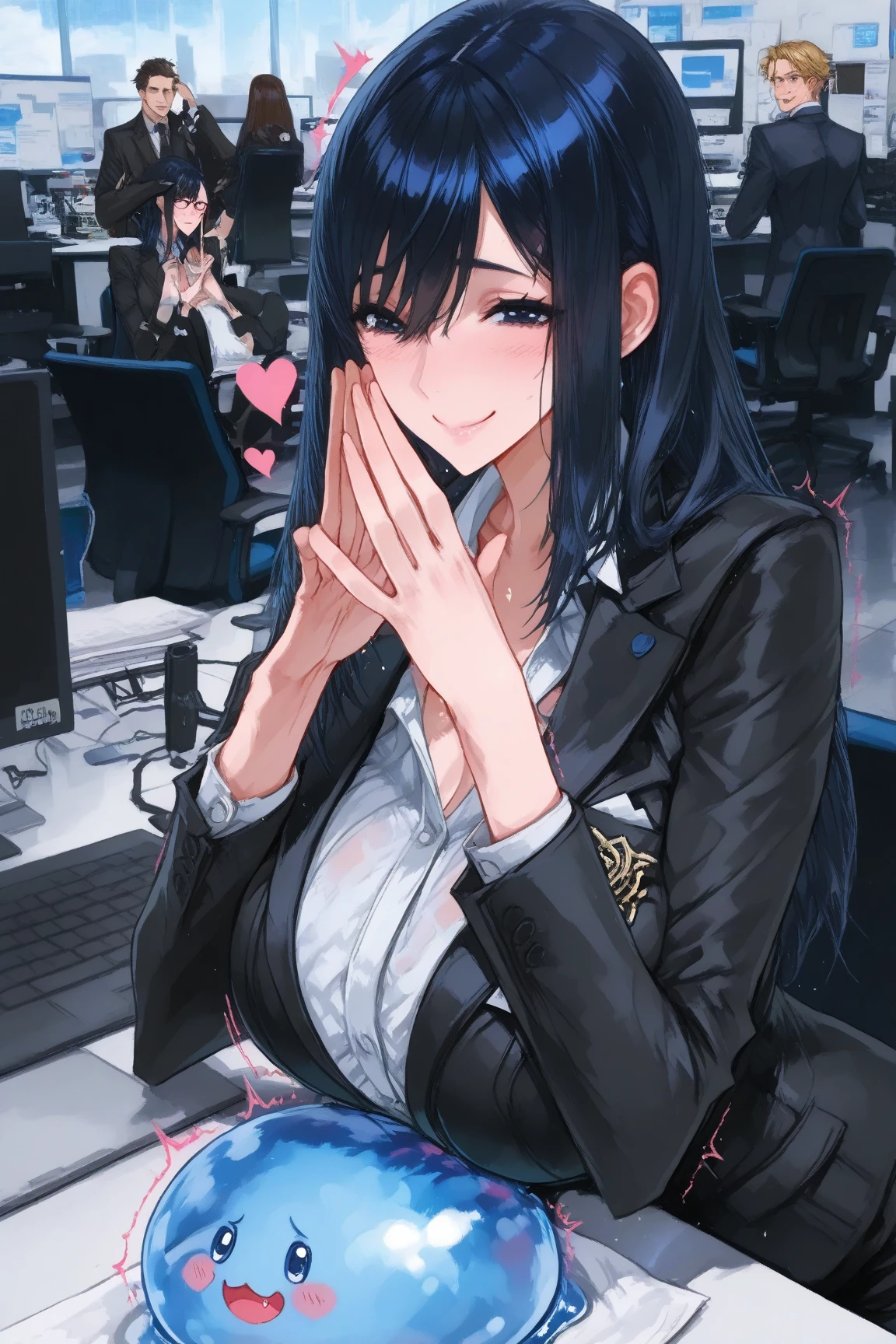 score_9, score_8_up, score_7_up, source anime, finger frame, pov hands, finger gun, yuugiri ayano,engage kiss,rasahan,1girl,black pantyhose,blue hair,blue jacket,blush,breasts,collarbone,cup,disposable cup,green eyes,holding,holding cup,jacket,jewelry,large breasts,long hair,looking at viewer,monitor,mug,necklace,pantyhose,skirt,smile,solo