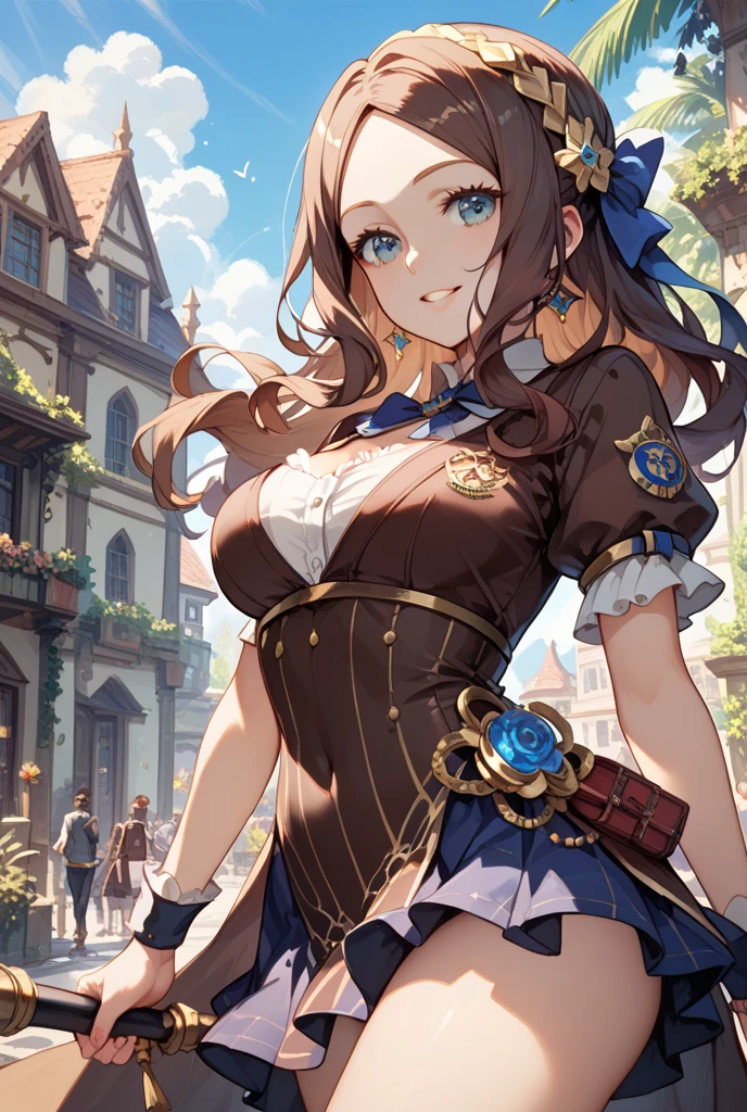 A brown haired woman with copper eyes and an hourglass figure in a cute gothic witch dress is walking through a courtyard