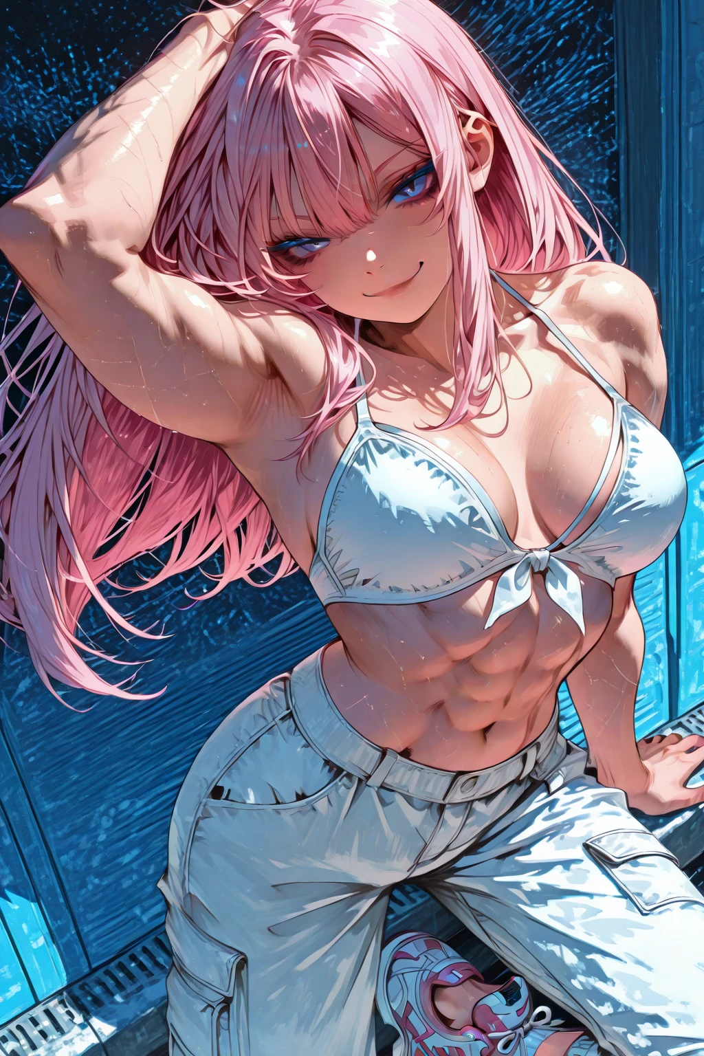 Super detailed、highest quality、best image quality、masterpiece、8K、Anime Face、gentle smile、Sparkling Blue Eyes、Long blonde curly hair、Cat ears grow、Wearing a headband、(SFW huge body)、(((Rear view)))、cowboy shot、(Wearing a pink thong:1.5)、Muscles of the whole body、Woman holding a cat