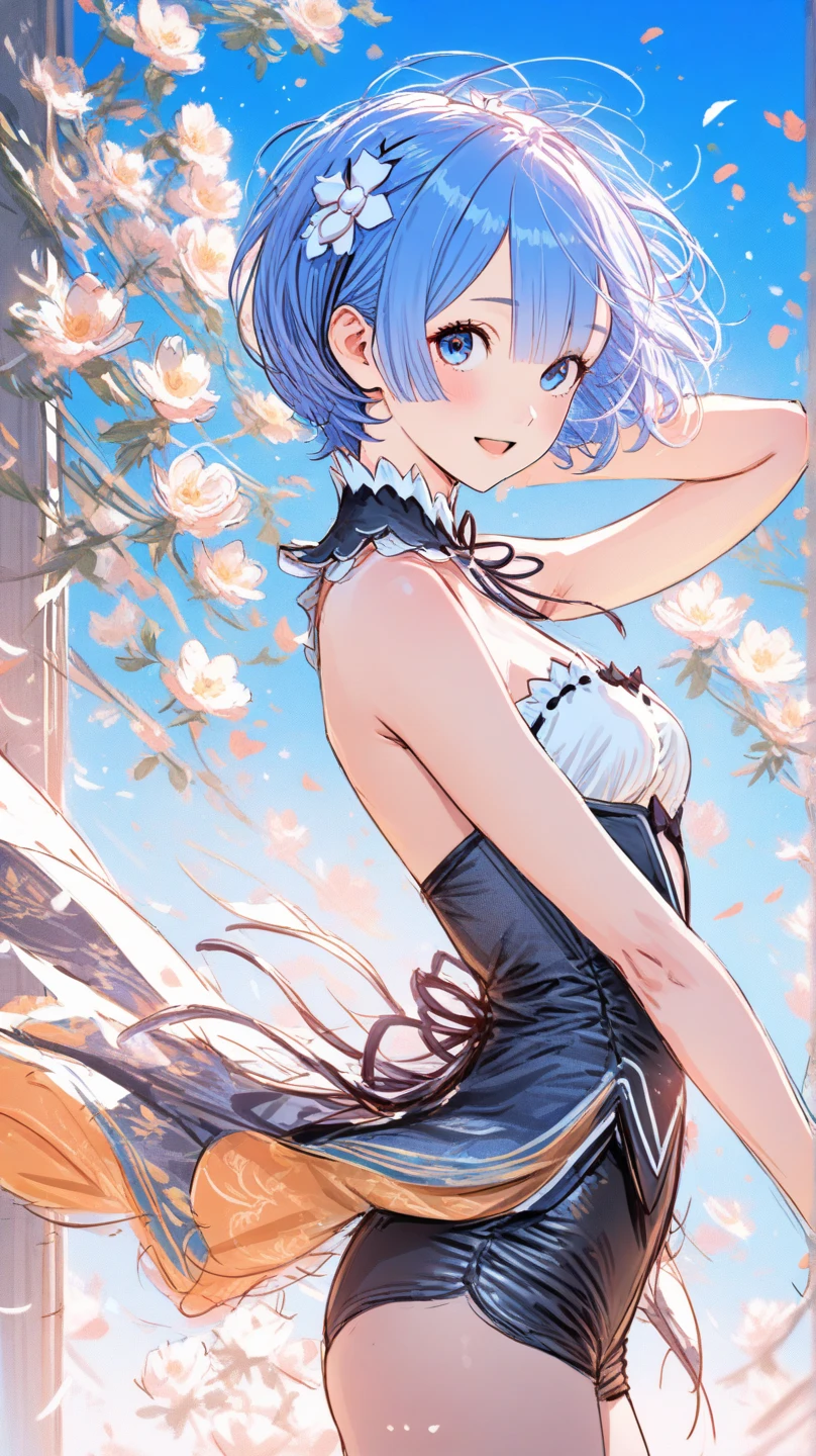 Asymmetrical Dress: The costume features a one-shoulder dress that flows gracefully down the body. The fabric is light blue and appears to be made of a flowing, sheer material that gives the dress a dynamic and airy feel. Floral Motif: The design incorporates a floral motif, with flowers and vines wrapping around the legs and parts of the torso. The flowers are in shades of blue and purple, adding color and a nature-inspired aesthetic to the outfit. High-Leg Cut: The dress has a high-leg cut on one side, exposing one leg completely while the other side is covered. This creates a striking and elegant silhouette. Glove and Headpiece: The character wears a single, long, dark glove on one hand, adding a touch of contrast to the lightness of the dress. Additionally, there is a headpiece with a floral design that matches the flowers on the legs, contributing to the cohesive theme. Flowing Cape: A long, flowing cape is attached to the back of the dress, enhancing the sense of movement and grace. The cape mirrors the sheer and lightweight quality of the main dress fabric, full body.
