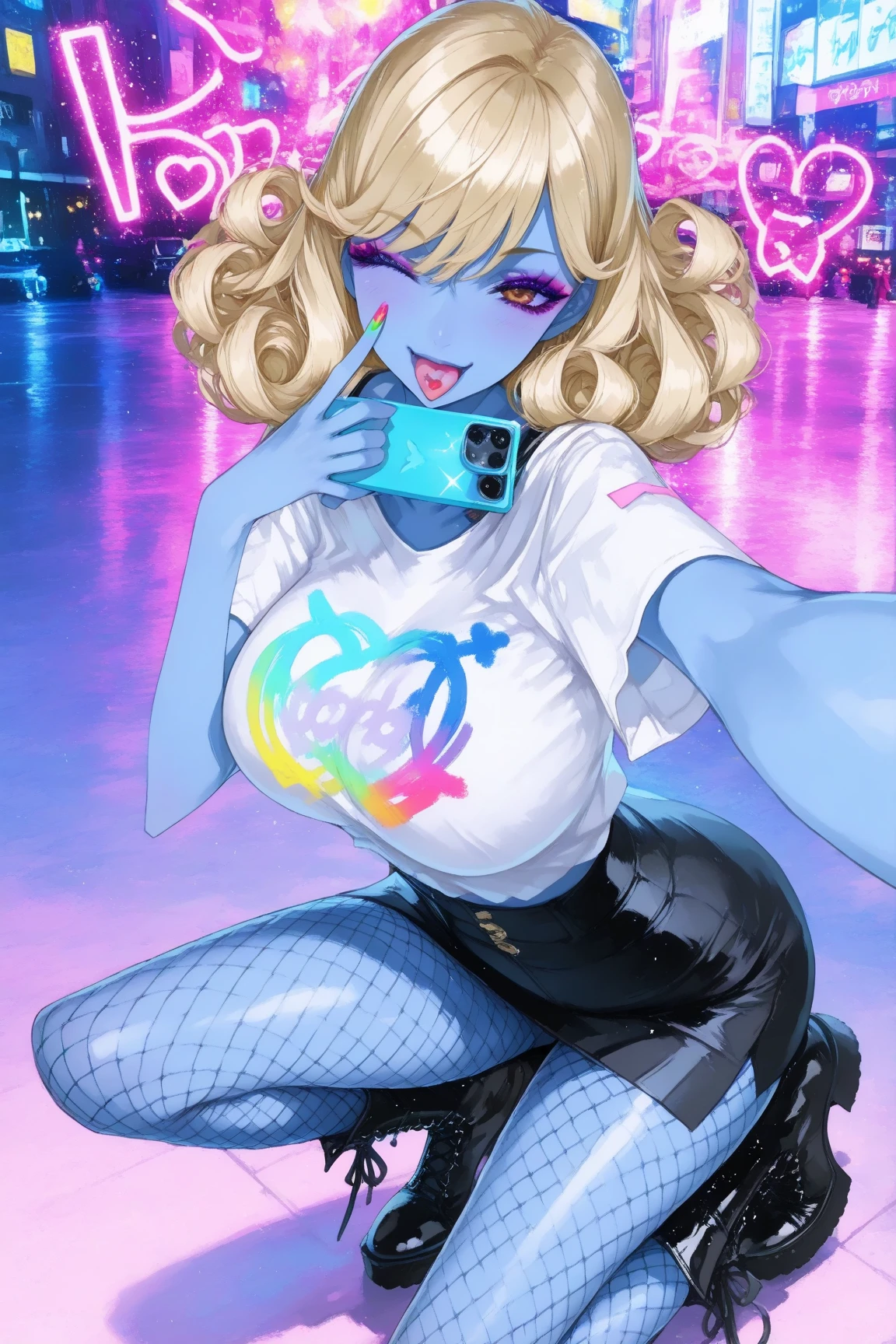 a beautiful elf woman, light blonde hair in a ponytail, beautiful blue eyes, busty dominatrix wearing a thick diaper, inflation, latex rubber catsuit, rainbow hair, woman, detailed mischievous happy face, embarrassed, happy, orgasmic, aroused, mischievous smile, ahego, soft lighting, holding her breasts, gamer girl, egirl, streamer, cat ears, RGB lighting, gamer, streaming, inflatables