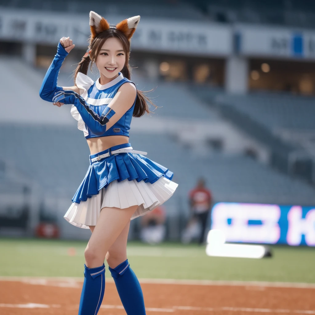 (Masami Nagasawa　jumping high kick),(white panties),(shoot from below),cheerleader open thighs,coverd nipples,
1 girl, solo, cheerleader, perfect hands, open mouth, smile, long hair, blushing, brown hair, ponytail, belt, (fox tail), (fox ears), navel,crop top, blue skirt, pleated skirt, midriff , removable sleeves, elbow gloves, looking at viewer, outdoors, stadium, blurred background,blue sky,