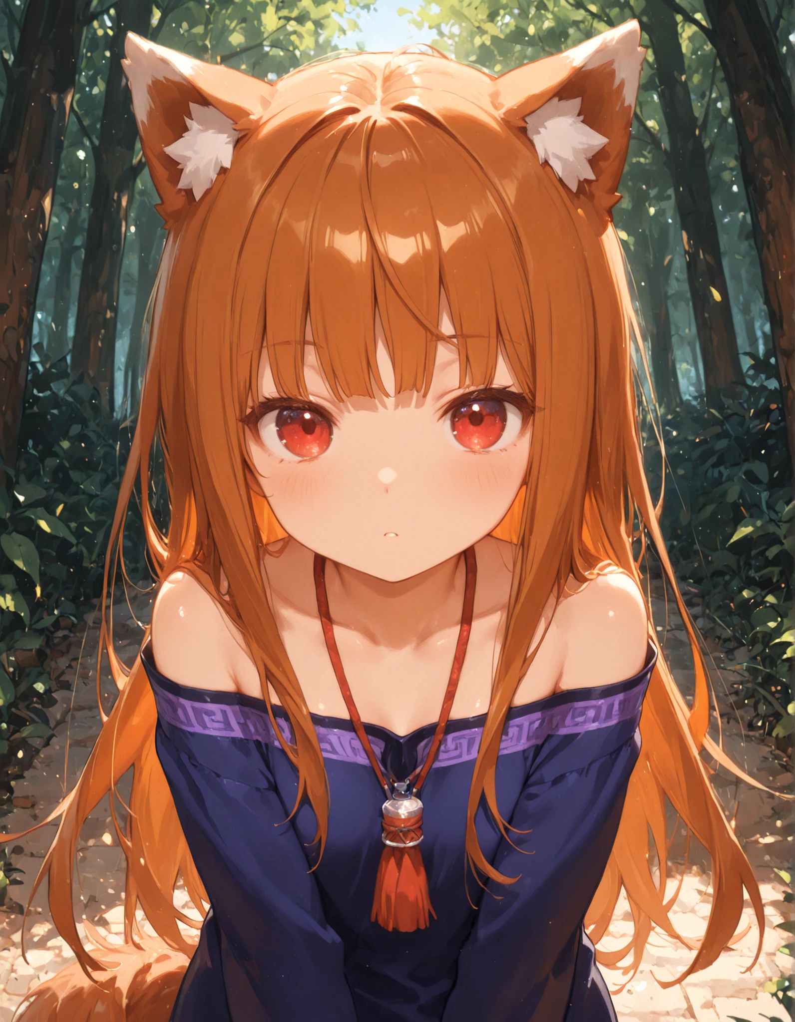 masterpiece, best quality, very aesthetic, 1girl,, holo, wolf ears, long hair, solo, red eyes, ginger hair, wolf tail,