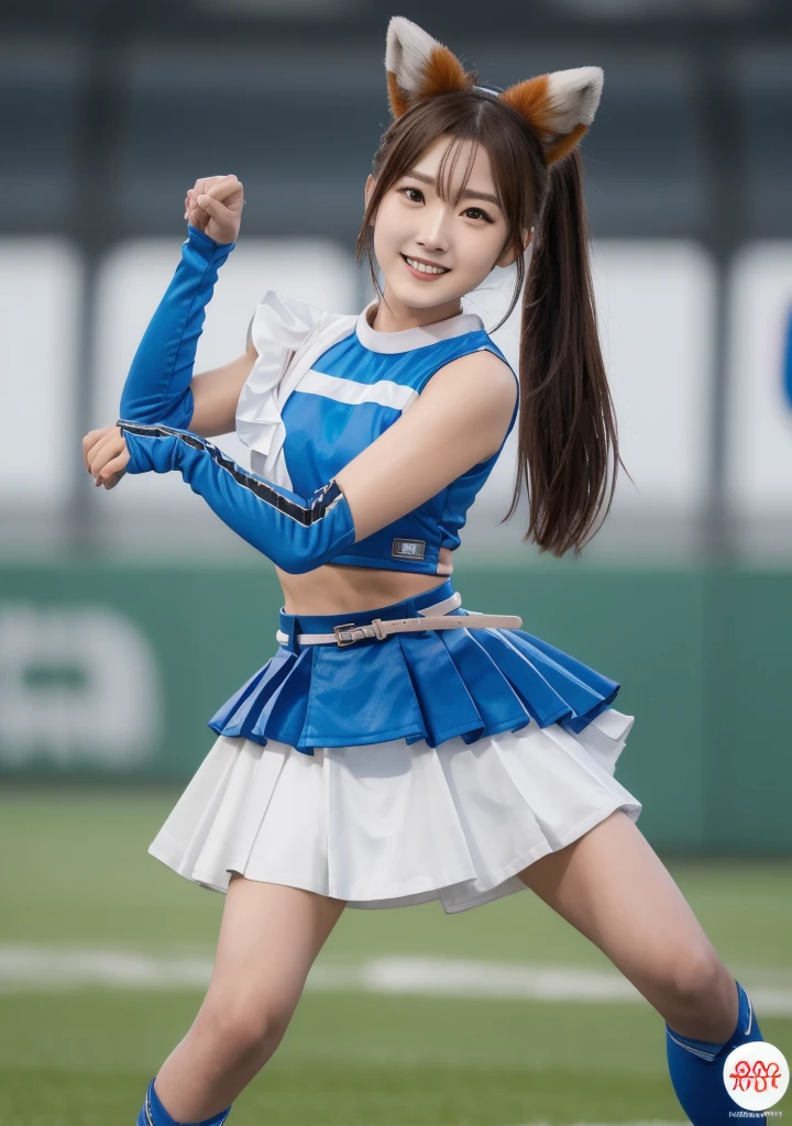 (Beautiful Japanese girl in her early teens), (blue panties), Cheerleader spread legs, nipples sticking out, 1 girl in her early teens, Solo, Cheerleader, perfect hands, angry expression , crop top, blue skirt, ロープでボンテージ,pleated skirt, removable sleeves, elbow gloves, looking at viewer, outdoor, stadium