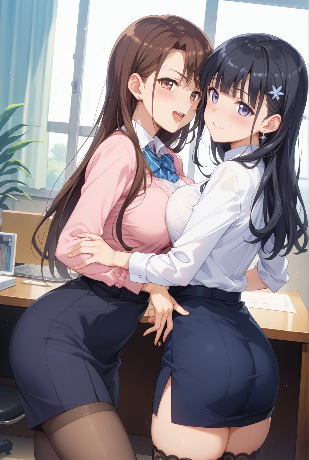 uhd, Best quality, ultra realist, 2 young skinny girls, kissing, 20yo, small breasts:1.3, closed eyes, sexy, elegant business outfits, office