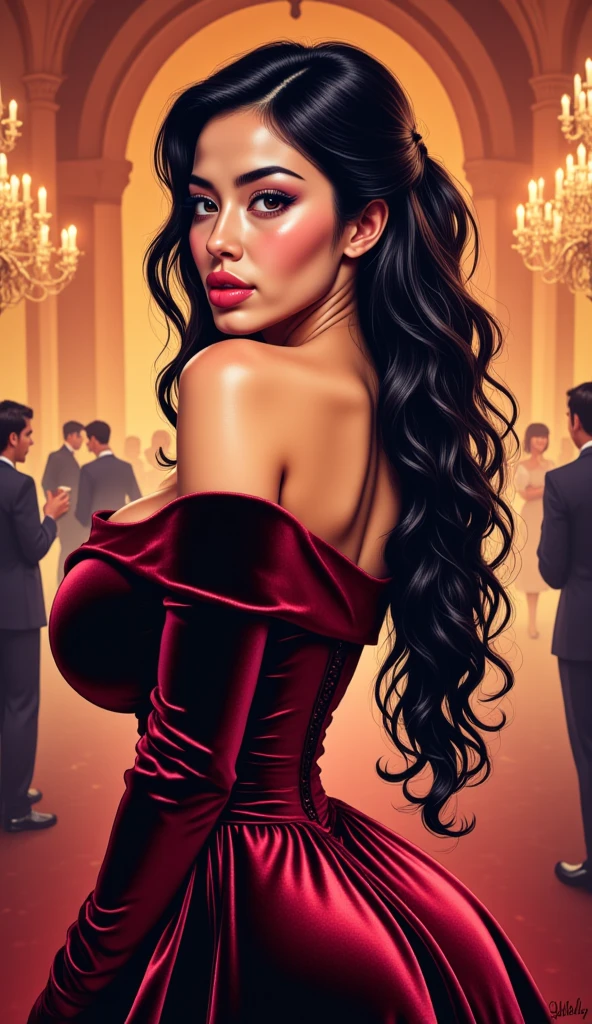 ((masterpiece)), (best quality), (cinematic), An ultrafine detailed oil painting in style of Joseph Christian Leyendecker, high heels magazine cover, 1girl, milf, mature woman, celebrating, full body, modern, sexly style, large breasts, big eyes, long thick eyelashes, cleavage, full lips, sexy cheeks, long thick hair,  high ponytail, accessories, style of Joseph Christian Leyendecke,