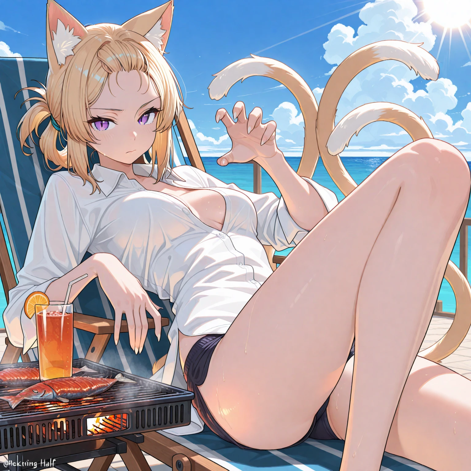 Solo, Score_9, score_8_up, score_7_up, source_cartoon, kemono style, An Anthro furry fox girl, yellow furry body, yellow fox tail , black nose, blonde hair, braided hair, wearing blue daisy dukes, a tied white shirt, visible thong, sunglasses covering eyes, smirking, outdoors, sunny day, looking away, majestic, at the beach, sitting on a chair under an umbrella, in front of a food stand, legs crossed, barefoot, 4 toes, holding a margarita, 