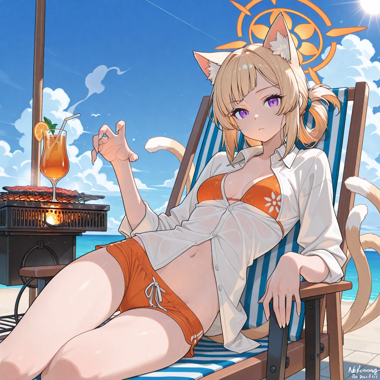 Solo, score 9, score 8, score 7, source code, kemono style, fox girl in antro-style, yellow fluffy body, yellow fox tail, black nose, blonde hair, loose hair, striped daisy duke micro bikini, thong, red eyes, grinning, outdoors, sunny day, majestic, looking into the distance, on the beach, sitting on a chair under an umbrella, in front of a food stand, cross-legged, barefoot, with a ring on his finger, 4 toes, holding a margarita, d artist: Amakuchi