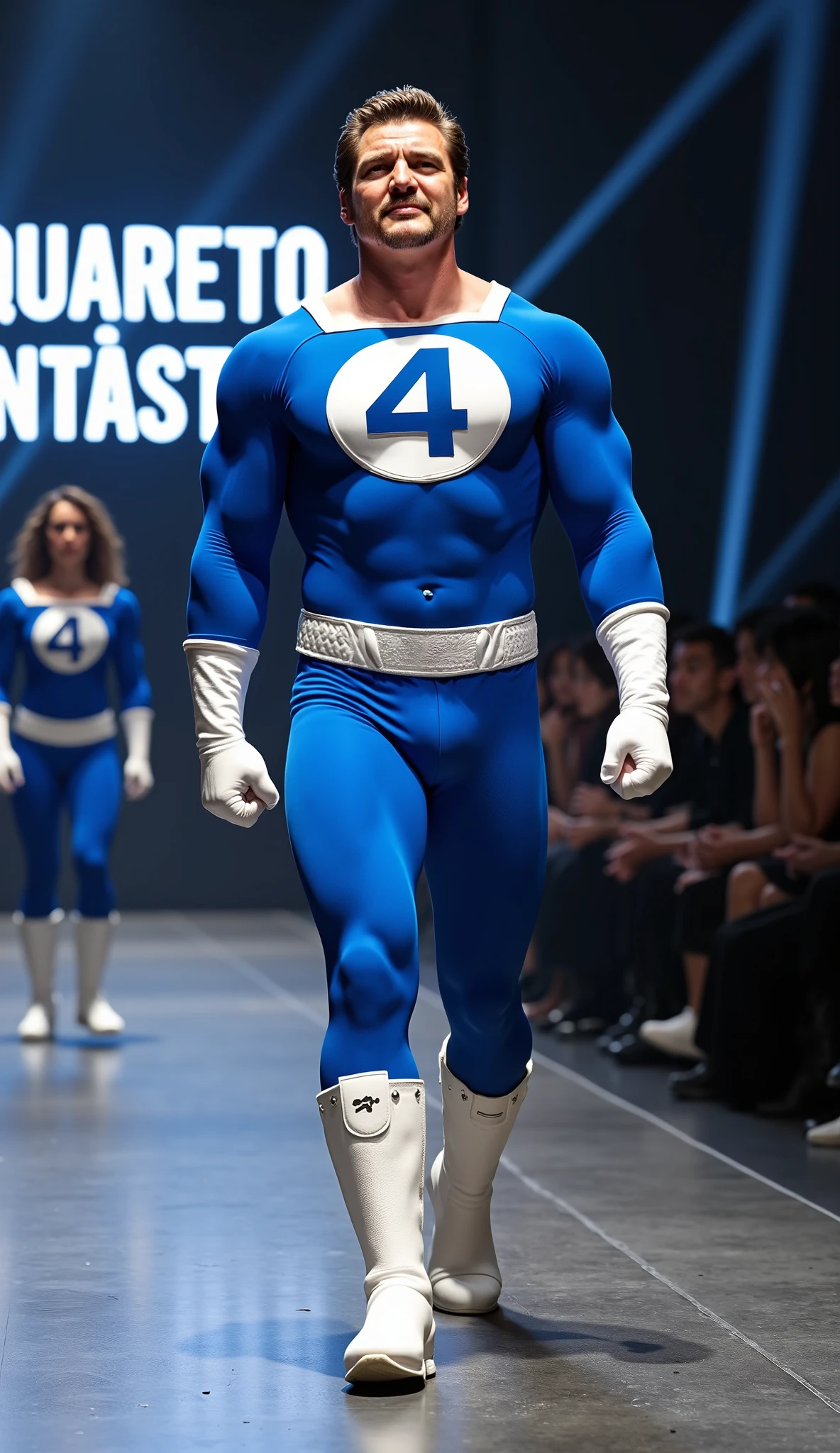 Pedro Pascal A realistic superhero runway scene. A muscular male superhero walks confidently toward the camera wearing a classic blue and white "Fantastic Four" suit with the number 4 emblem on his chest. The suit is tight-fitting, with white gloves, boots, and a utility belt. In the background, there are two other people walking on the runway behind him. Around the runway, several seated audience members watch the show. On the back wall, in bold illuminated letters, the words "Quarteto Fantástico" are displayed. The environment is stylish, modern, and sleek, like a high-fashion runway show, with spotlights above and a reflective black floor. High realism, cinematic lighting, vivid colors.